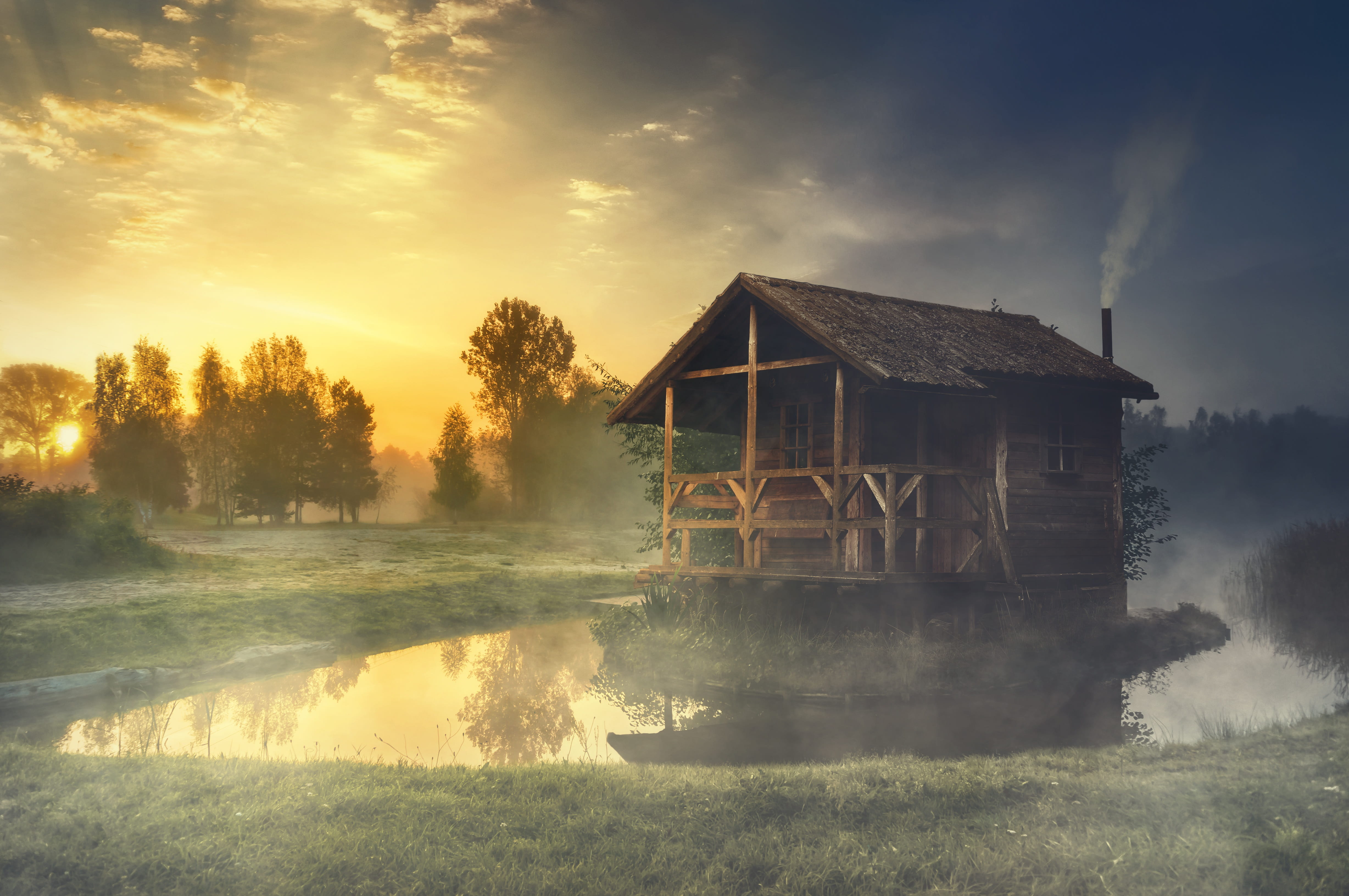 landscape, quaint, fairytale, orange, built structure, lake, plant, morgenstimmung, no people, brown, home, sunrise, rest, in the, island house, sunset, HD Wallpaper
