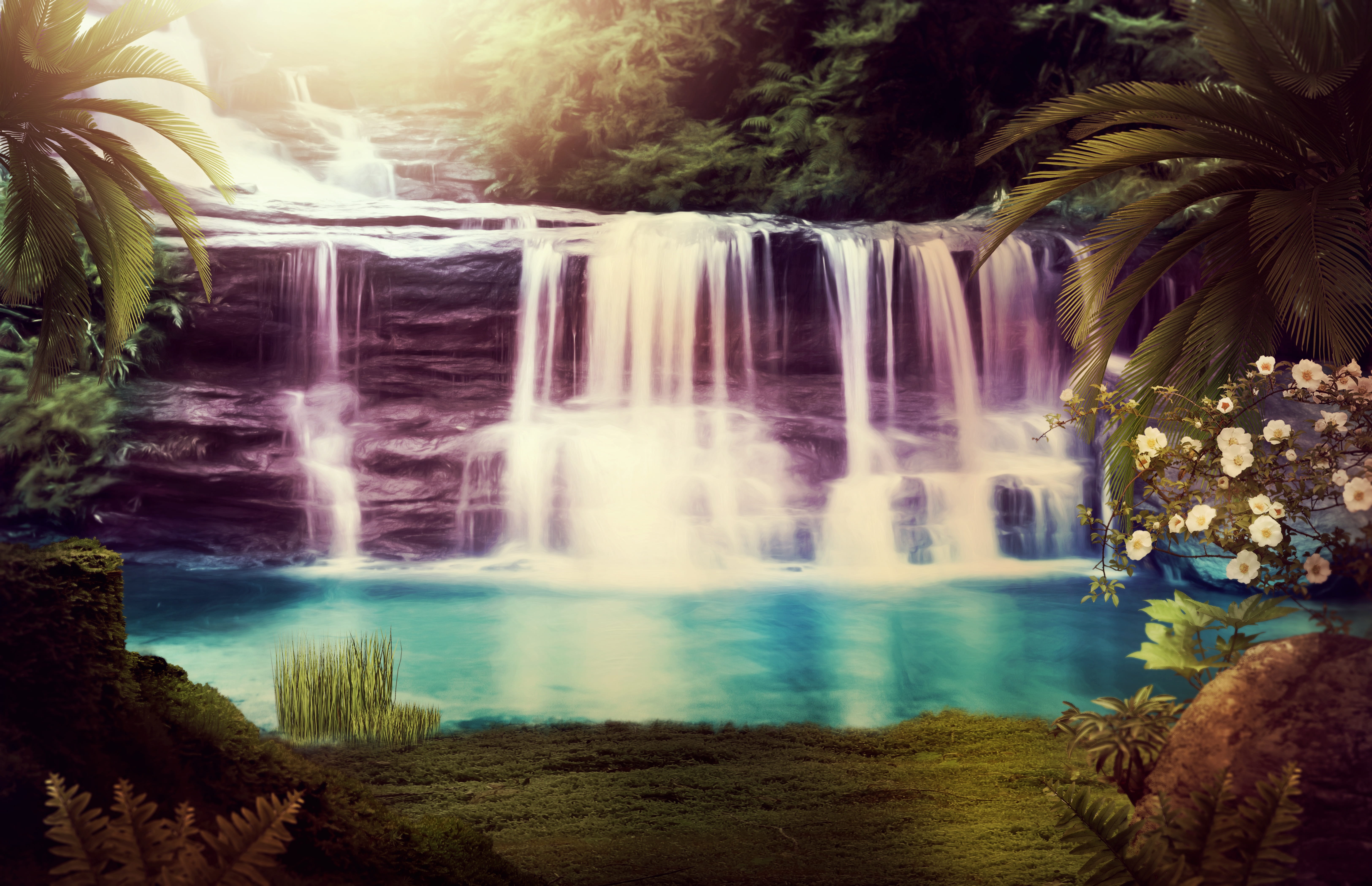 template, water, outdoors, falling water, fairytale, shining, long exposure, rainforest, bush, romantic, waterfall, background image, rock formation, lake, HD Wallpaper