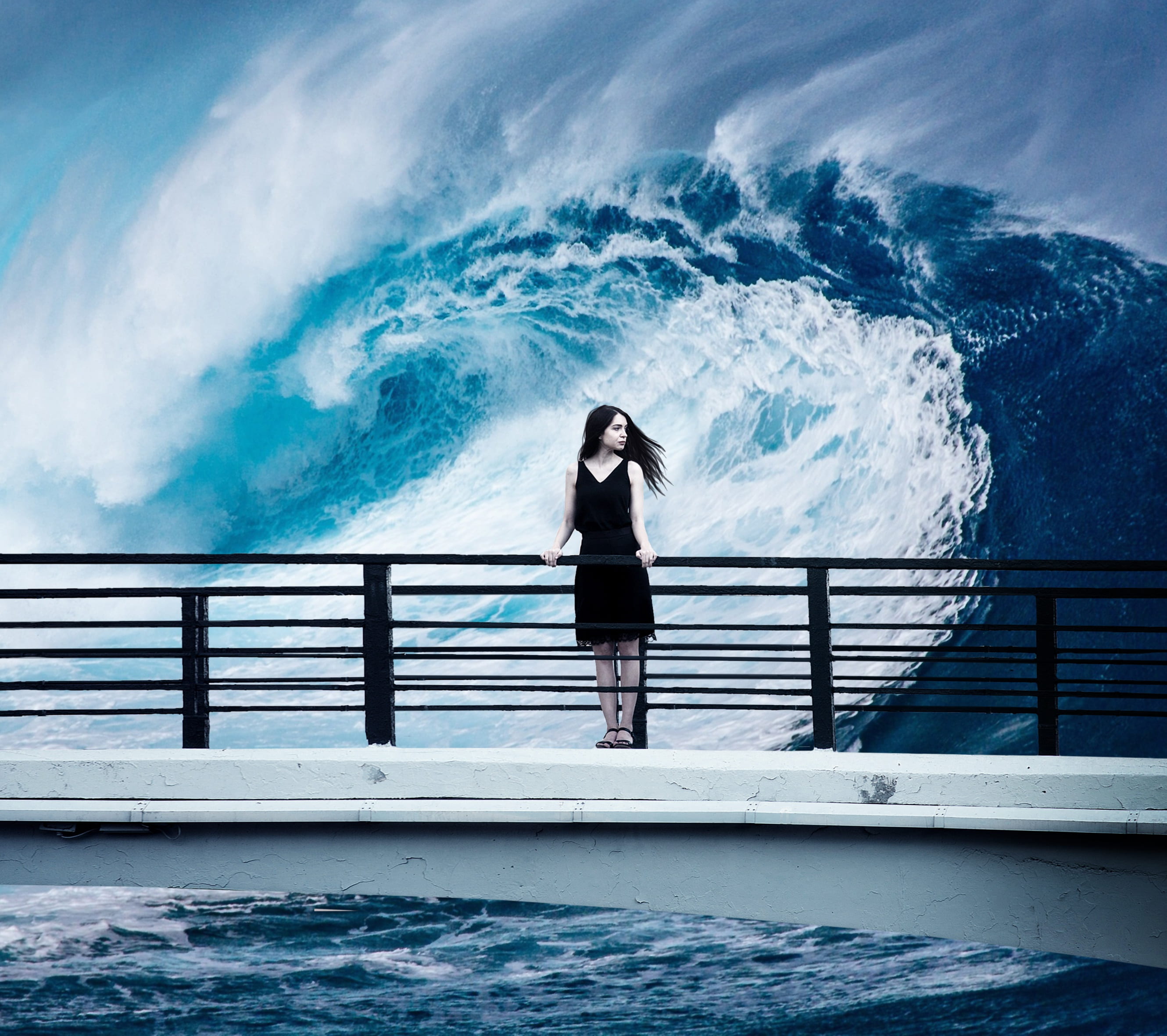 wave breaking, digital art, young women, women, standing, water, beauty in nature, motion, railing, photoshop, day, bridge, painting, leisure activity, HD Wallpaper