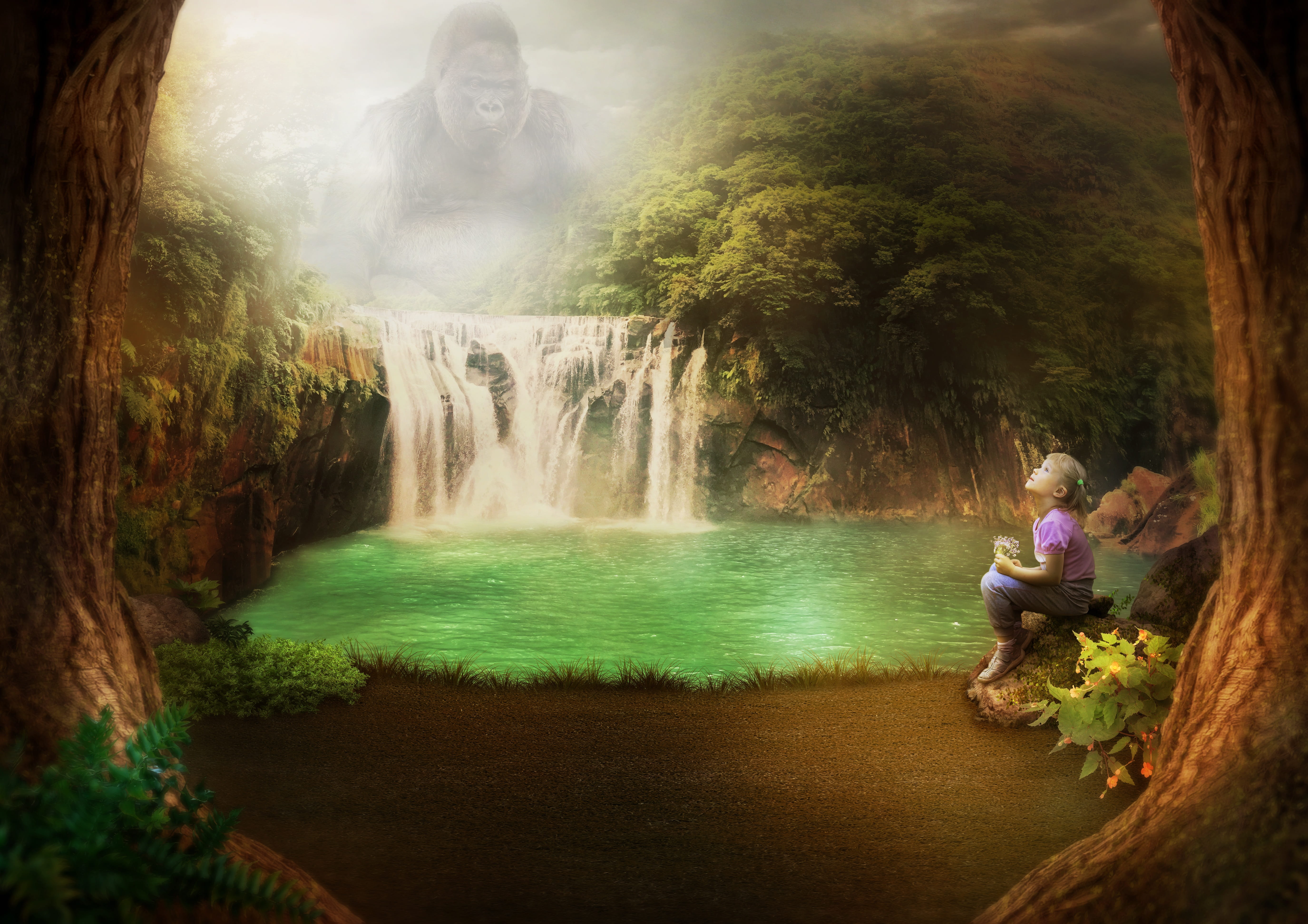 leisure activity, ape, endangered species, lake, 5K, full length, silent, fairytale, tree, beauty in nature, people, flowing water, jungle, real people, HD Wallpaper