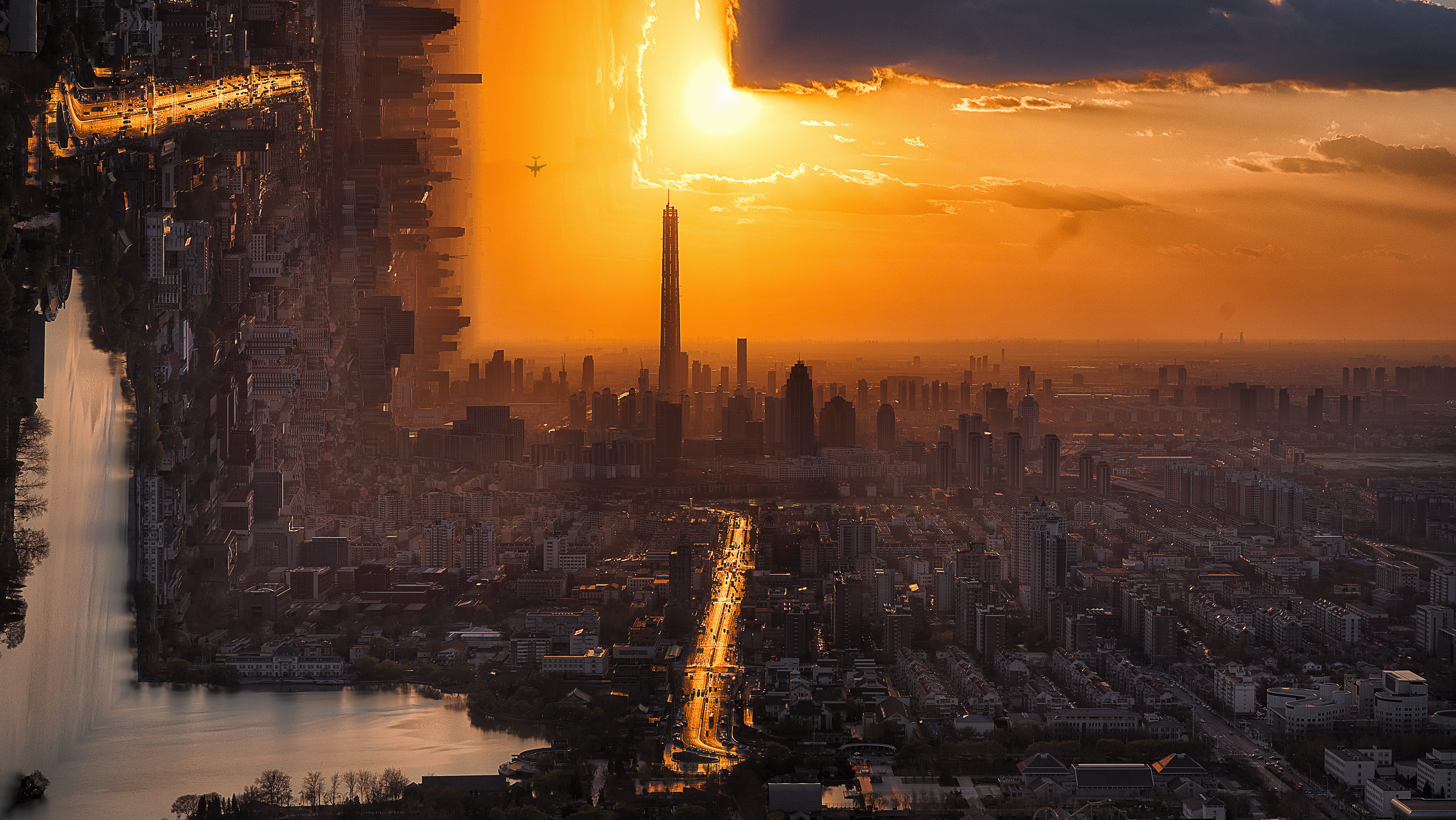 environment, outdoors, building, horizon, sunset, financial district, cityscape, photo manipulation, office building exterior, usa, mirror, nature, sun, HD Wallpaper