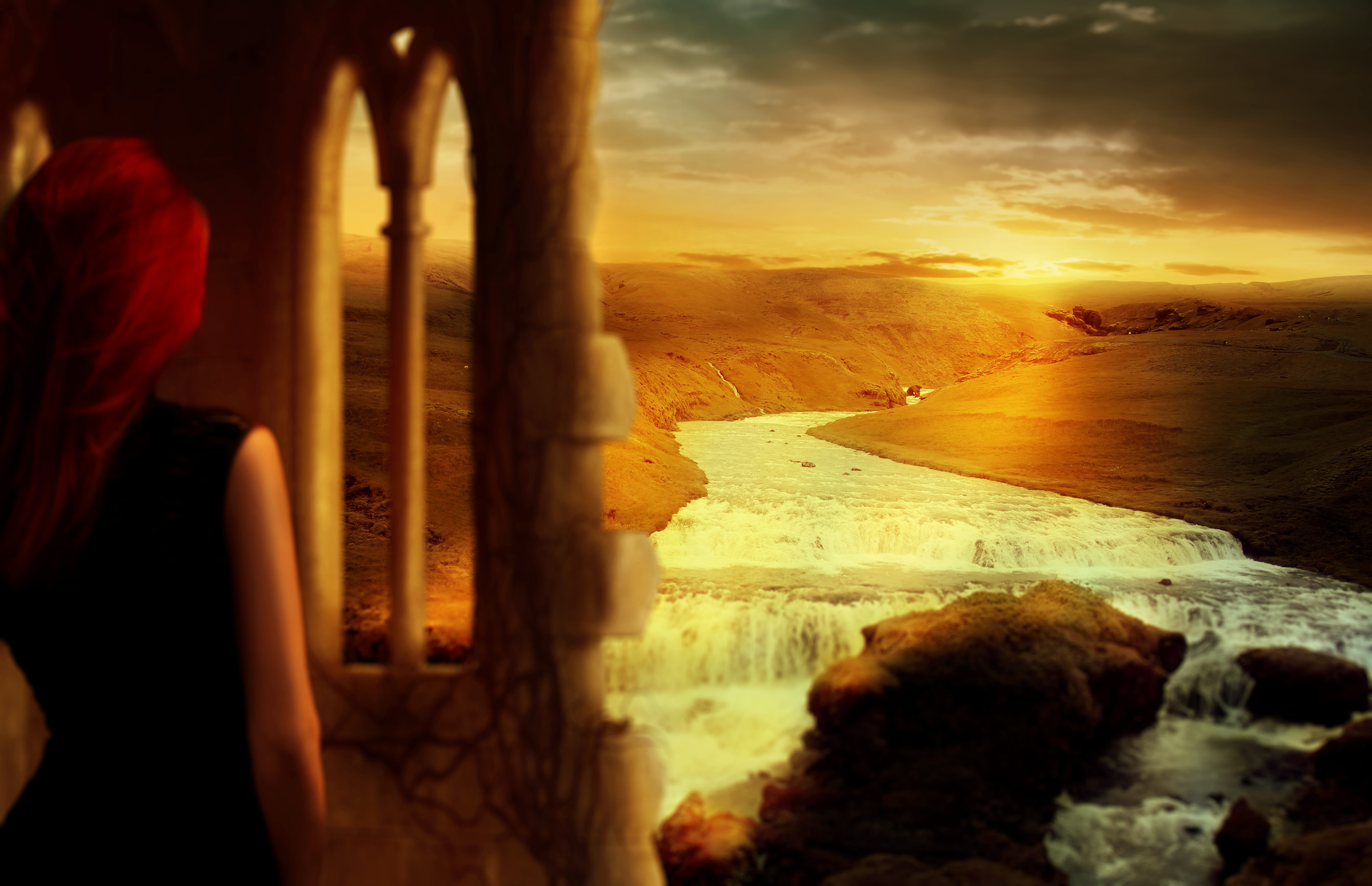 water, sleeveless, sunlight, sky, orange color, window, adult, architecture, silent, rear view, cloud - sky, beauty in nature, mood, lighting, clouds, waterfall, HD Wallpaper