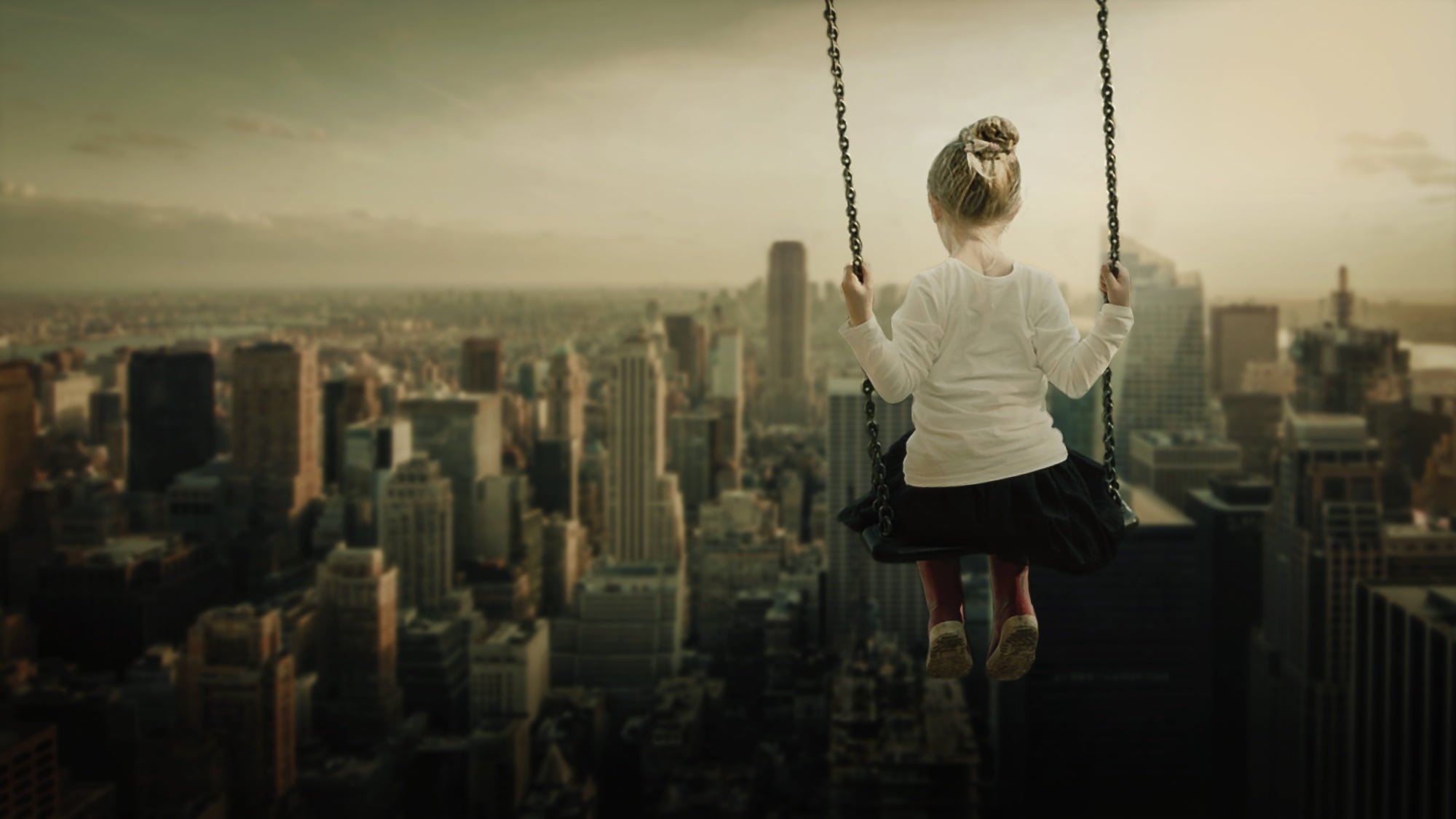 nature, focus on foreground, people, skyscraper, fantasy, swing, surreal, overview, 1080P, leisure activity, office building exterior, sitting, rear view, HD Wallpaper