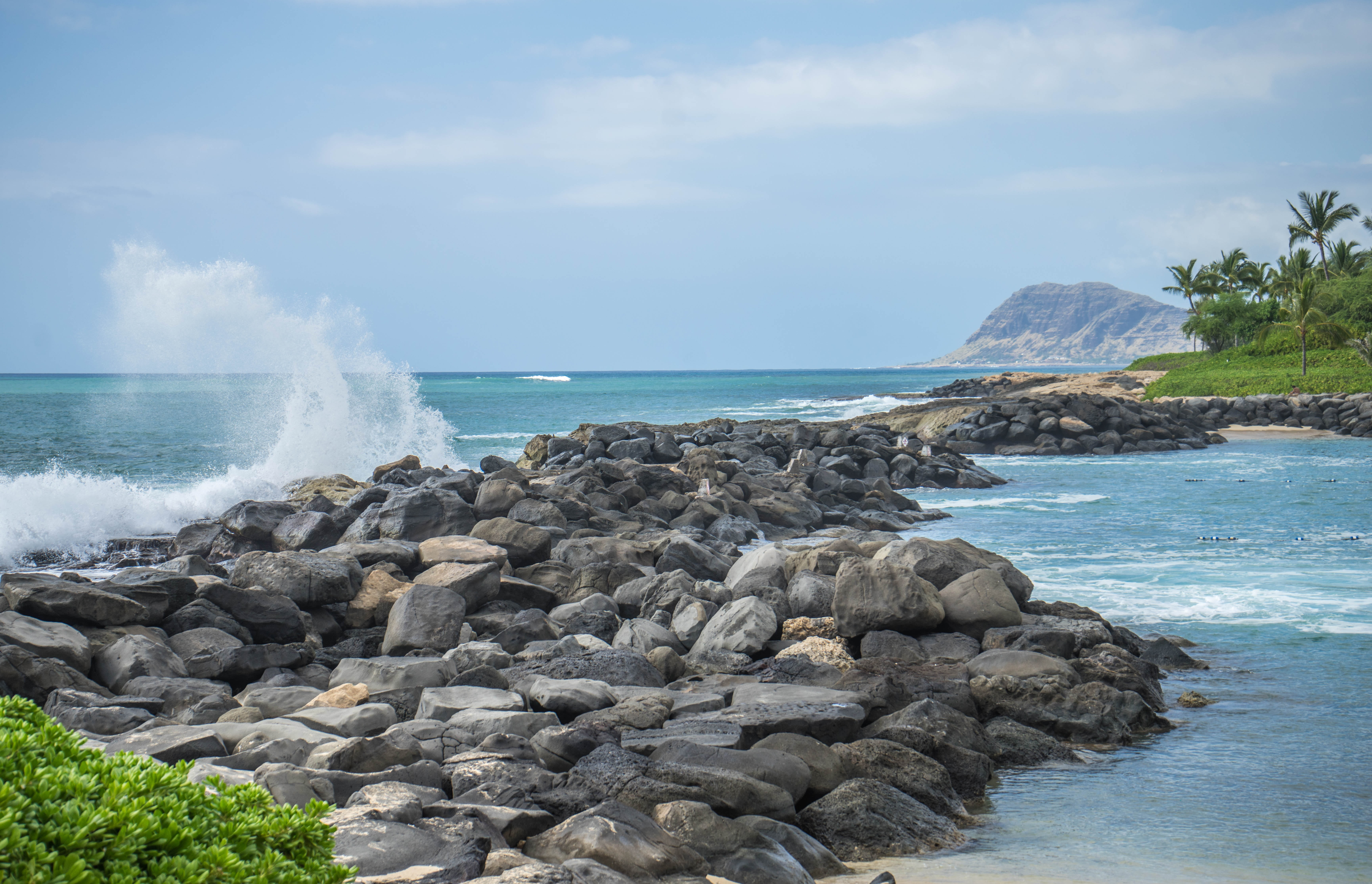 horizon over water, water, island ocean, near, seascape, oahu, shore, nature landscape, ko olina, breaking, rocky coastline, motion, land, waves, formations, HD Wallpaper