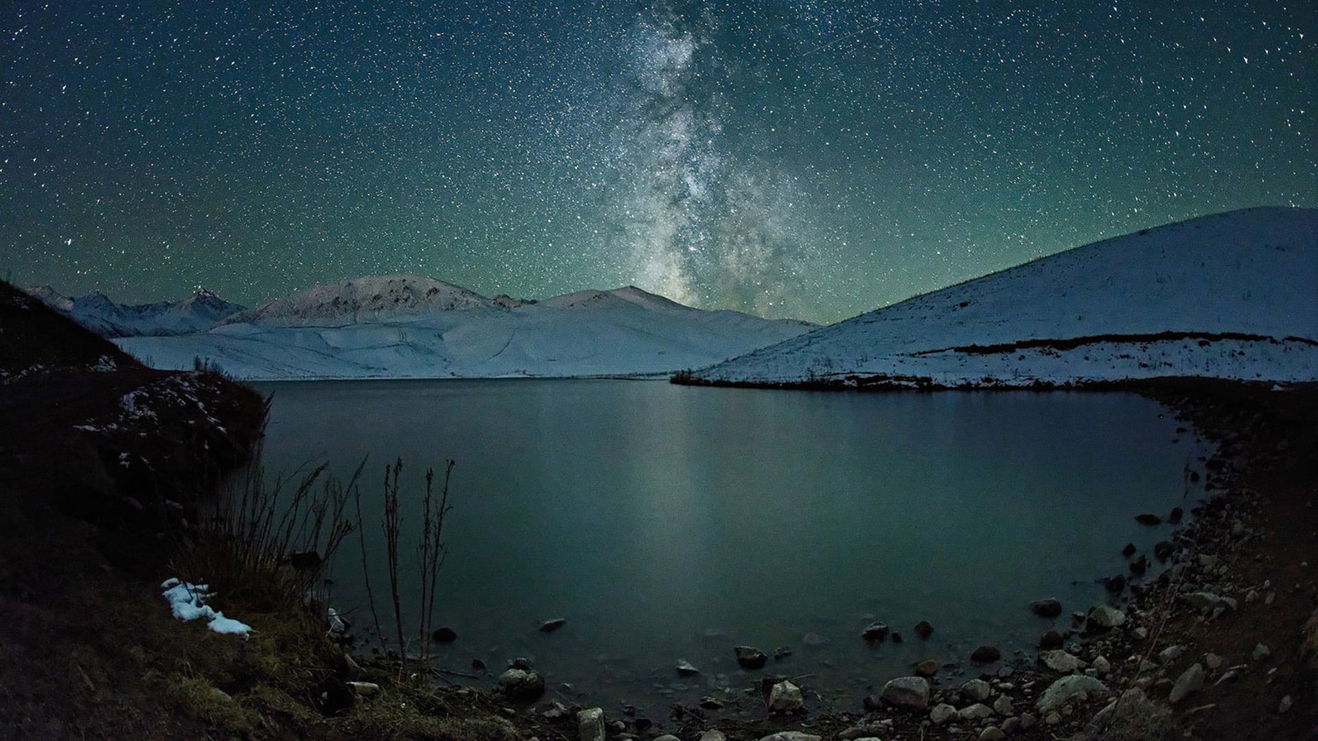 peaceful, coast, reflection, cloud, sea, outdoors, landscape, tranquility, space and astronomy, night, 1080P, environment, sand, ocean, cold temperature, HD Wallpaper