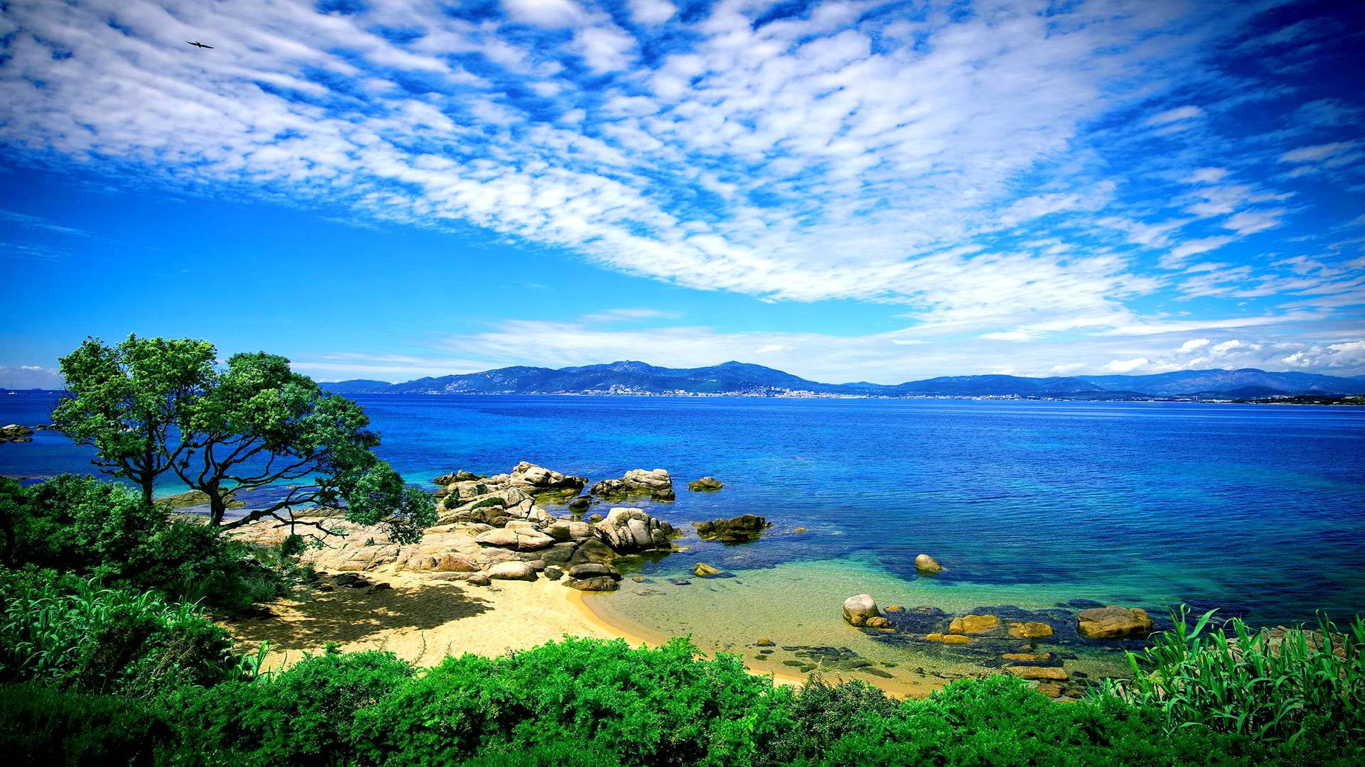 no people, ocean, blue, bay, tranquil, sand, outdoors, horizon, sun, scenery, sunny, turquoise, mountain, summer, cape, land, tranquility, island, tree, HD Wallpaper