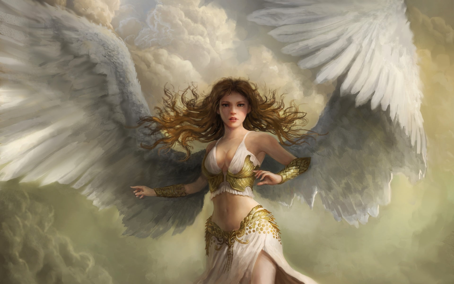 1080P, fantasy art, women, redhead, angel, artwork, wings, long hair, fantasy girl, HD Wallpaper