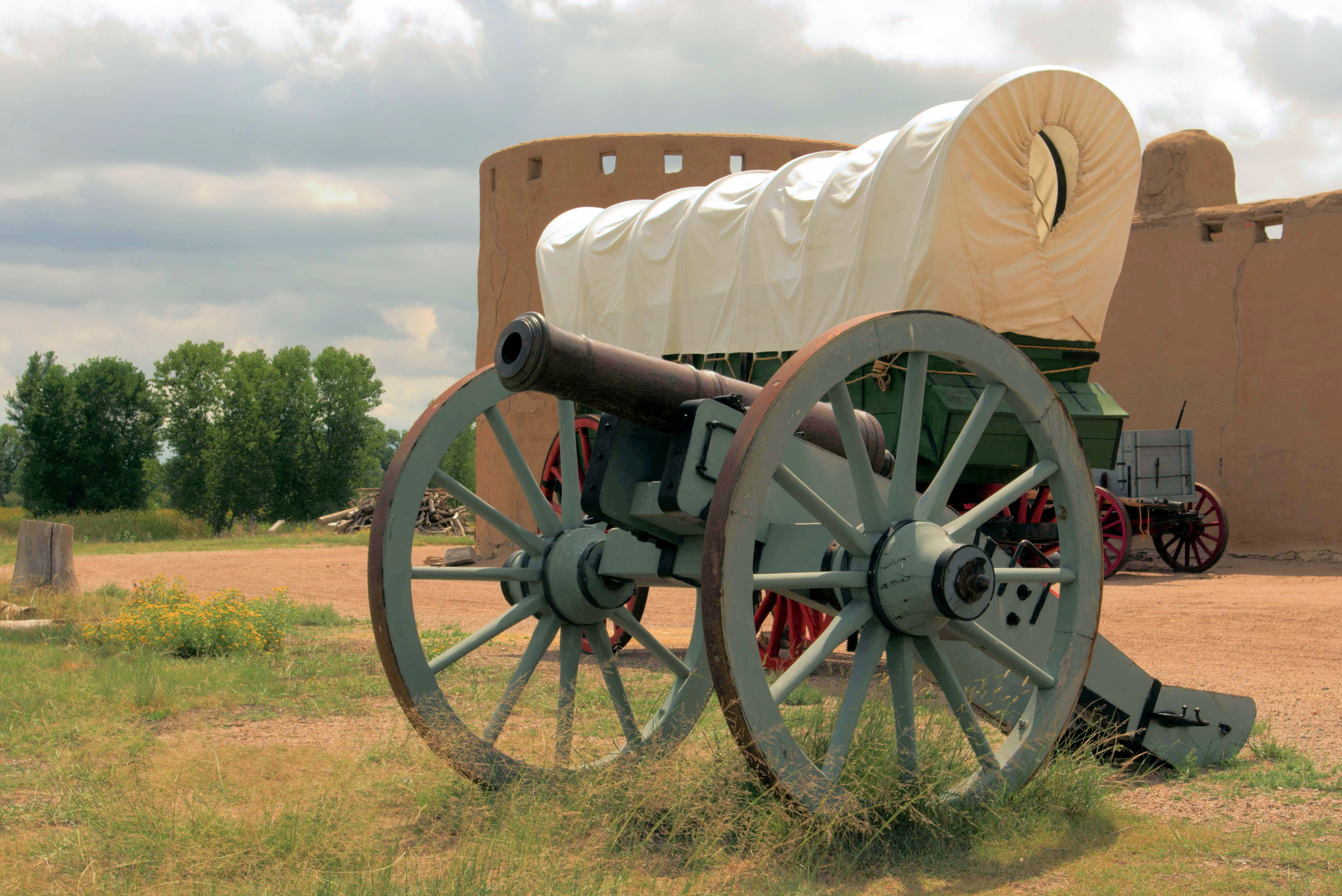 no people, grass, trading post, historic, national, trail, weapon, bents old fort, transportation, artillery, 5K, trappers, sky, the past, architecture, HD Wallpaper