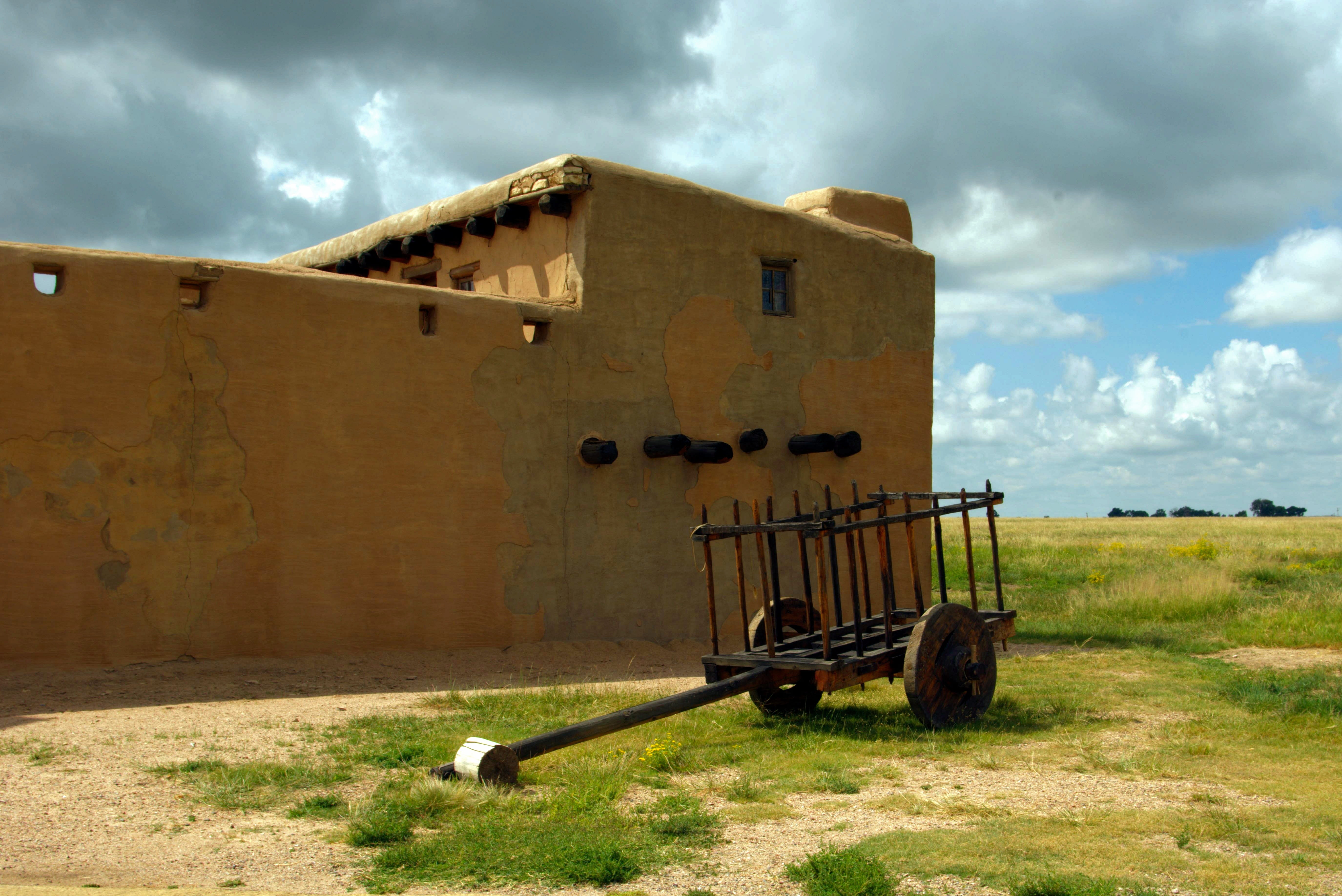 mexico, reconstruction, plant, abandoned, fur, cart, castle, trading post, grass, overcast, transportation, tower, colorado, sky, fortification, day, fort, HD Wallpaper