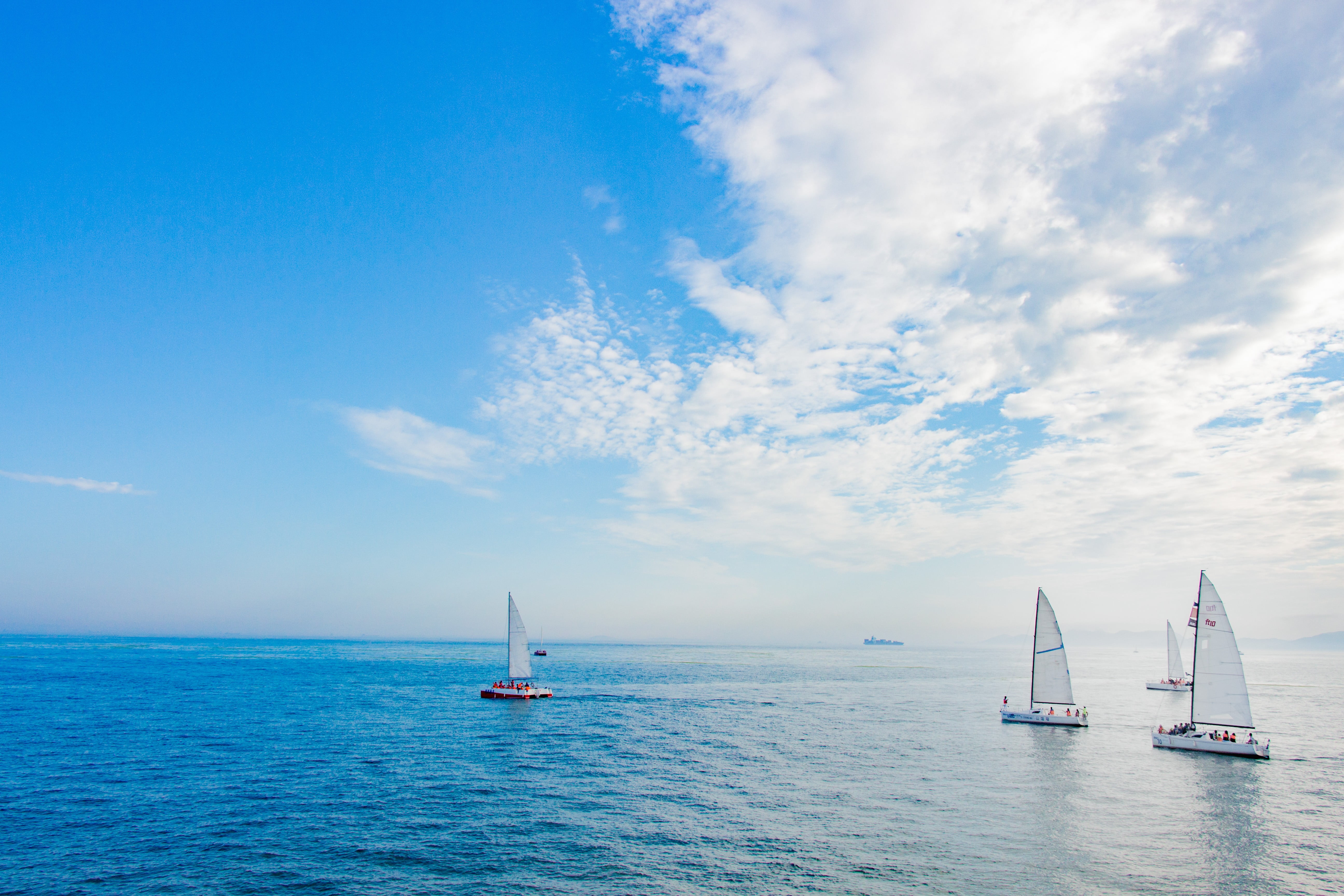 four, sailboat, blue, day, water, no people, sky, horizon over water, 5K, sailing ship, nautical vessel, cloud - sky, yacht, horizon, scenics - nature, HD Wallpaper