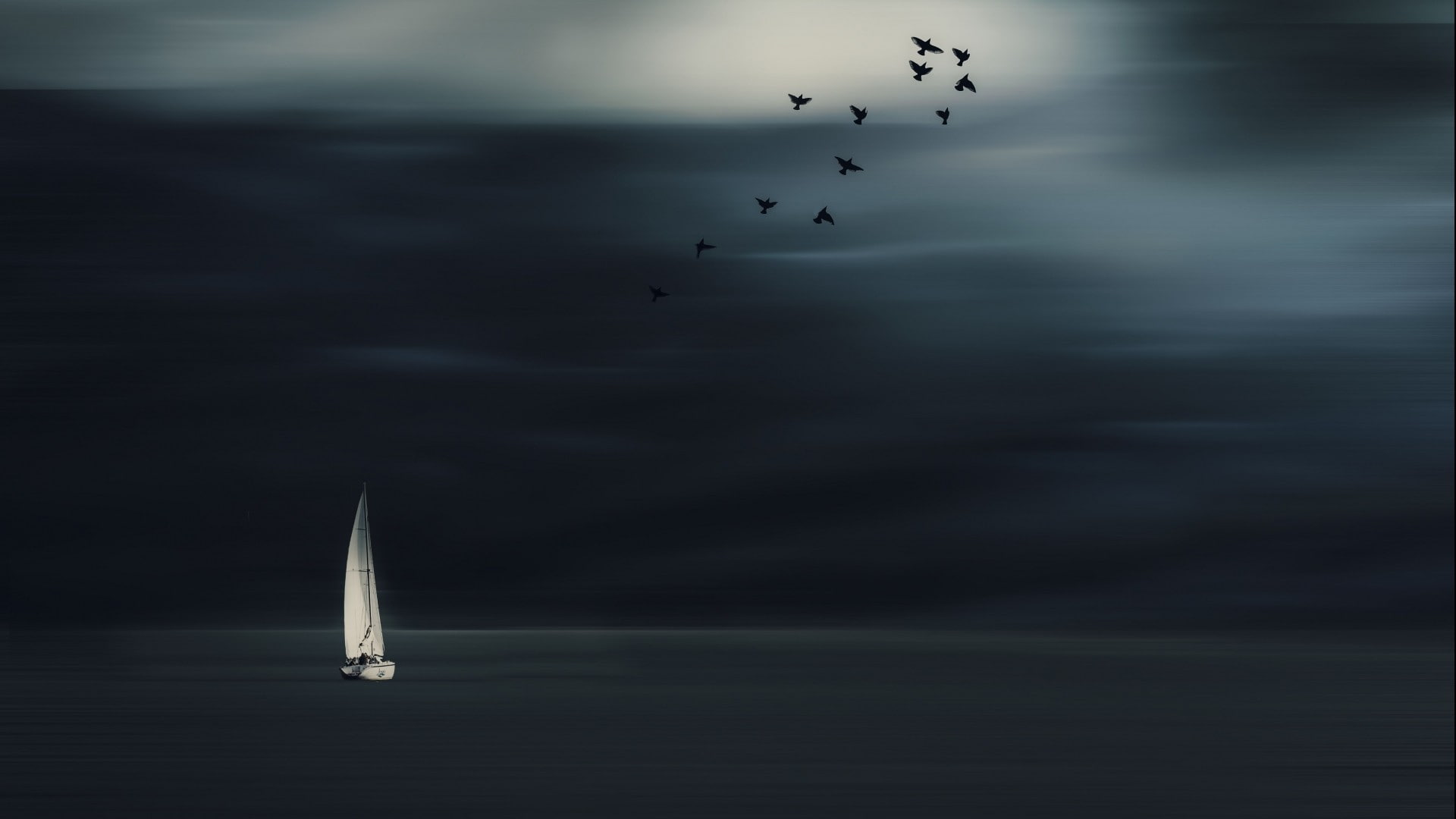 minimalism, clouds, sailboats, horizon, birds, 1080P, landscape, Photoshop, nature, sea, sailing ship, HD Wallpaper