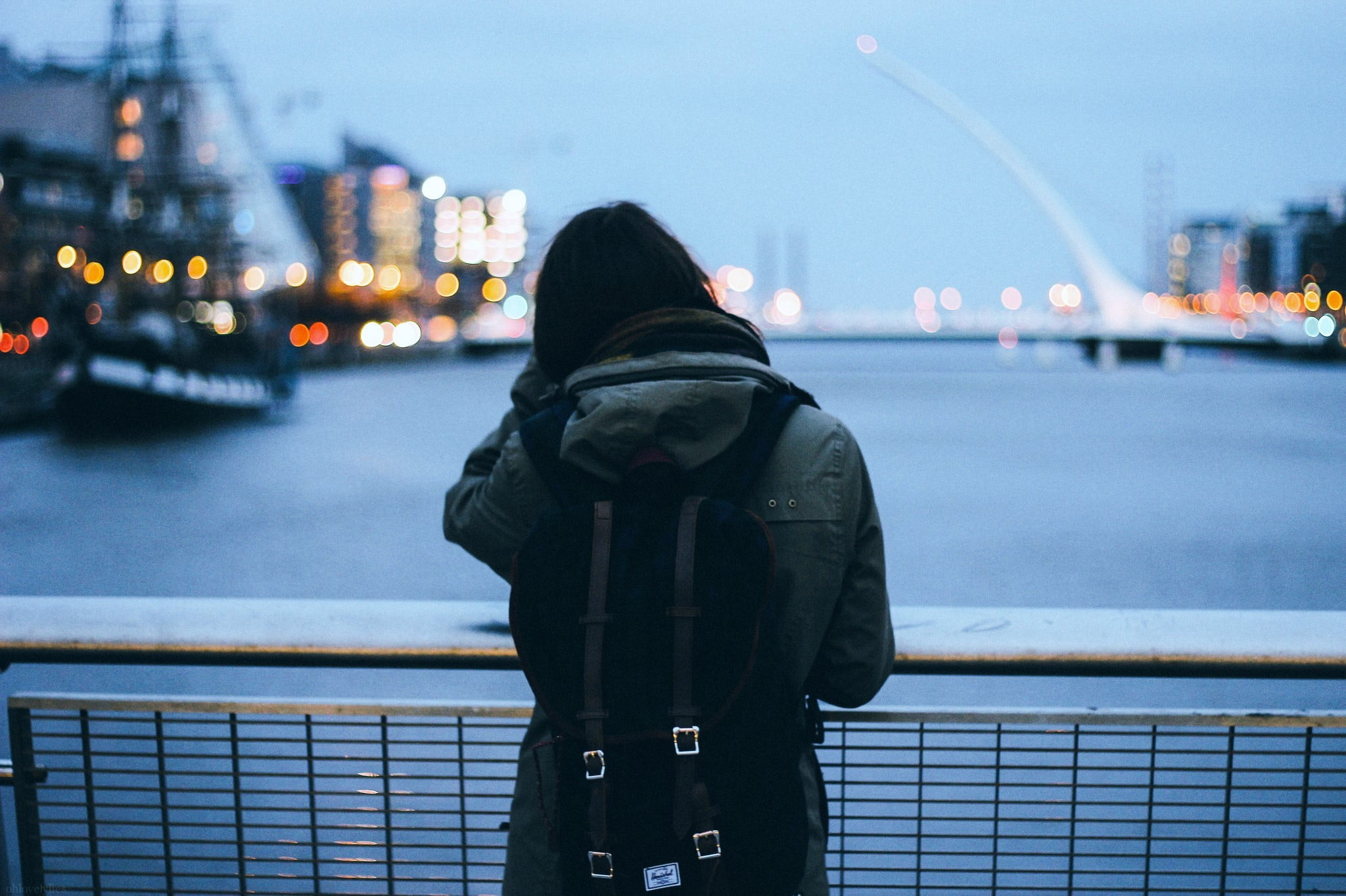 standing, street, lifestyles, illuminated, city Life, tourist, adult, s, black Color, cityscape, backpacks, hood - clothing, river, jacket, city, women, HD Wallpaper