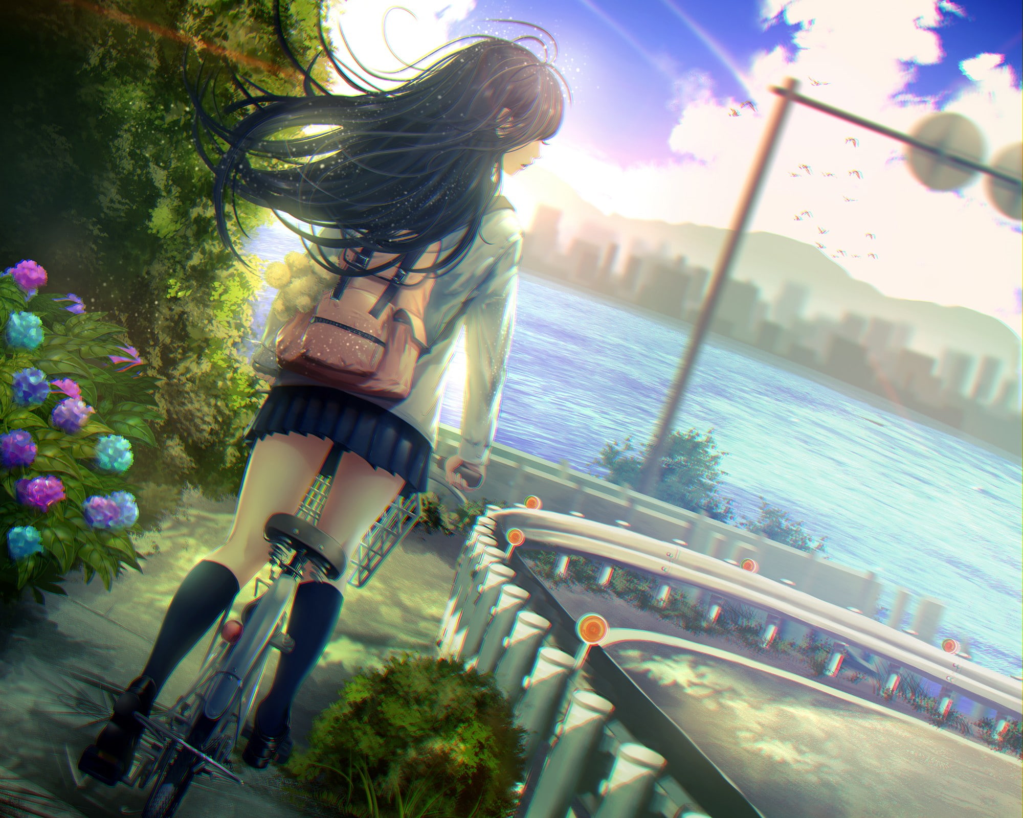 1080P, bicycle, school uniform, backpacks, river, HD Wallpaper