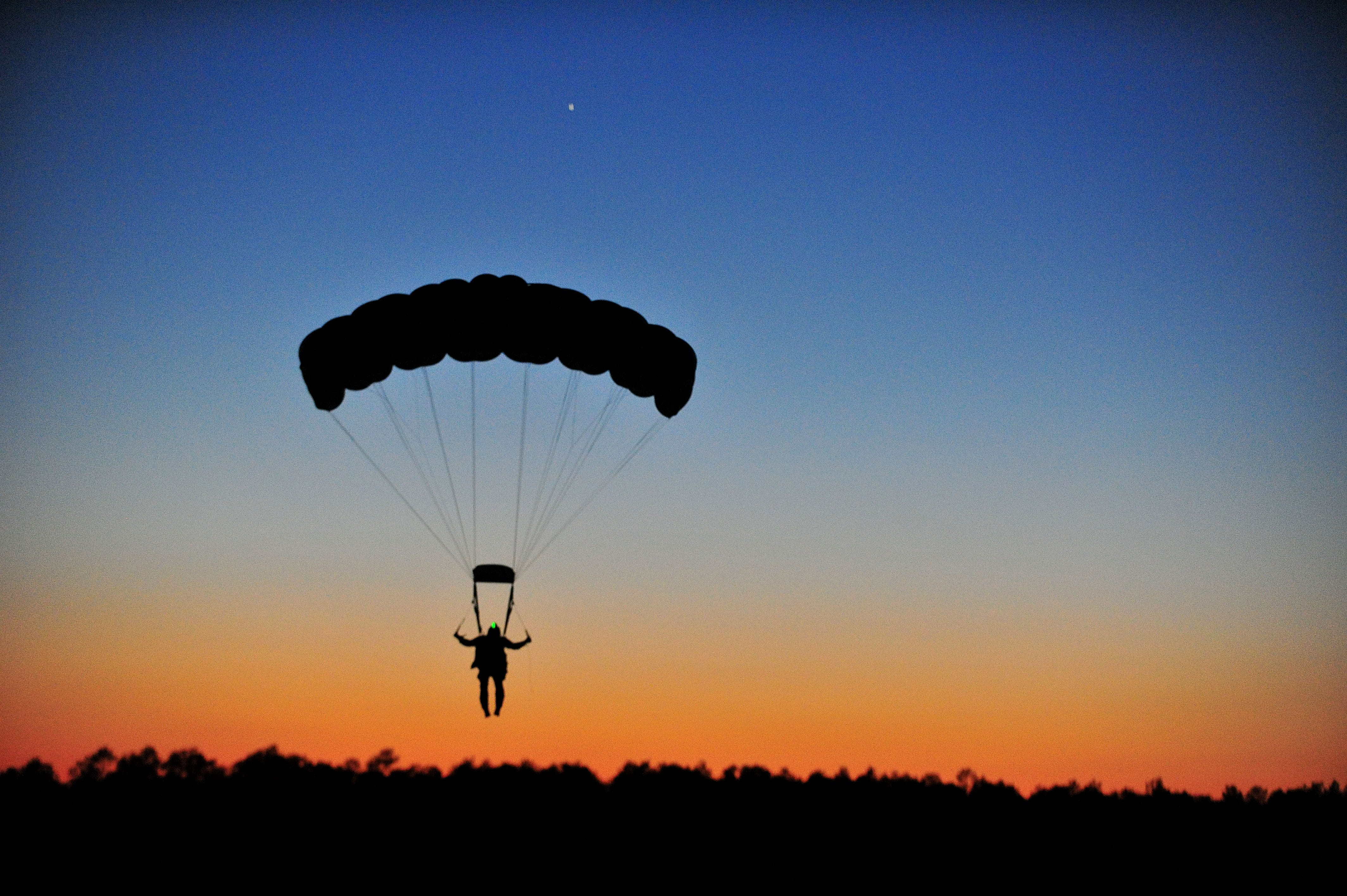 action, real people, nature, forest, on air, gliding, golden hour, sport, air, parachutist, landing, men, clear sky, people, skydiving, hobbies, outside, HD Wallpaper
