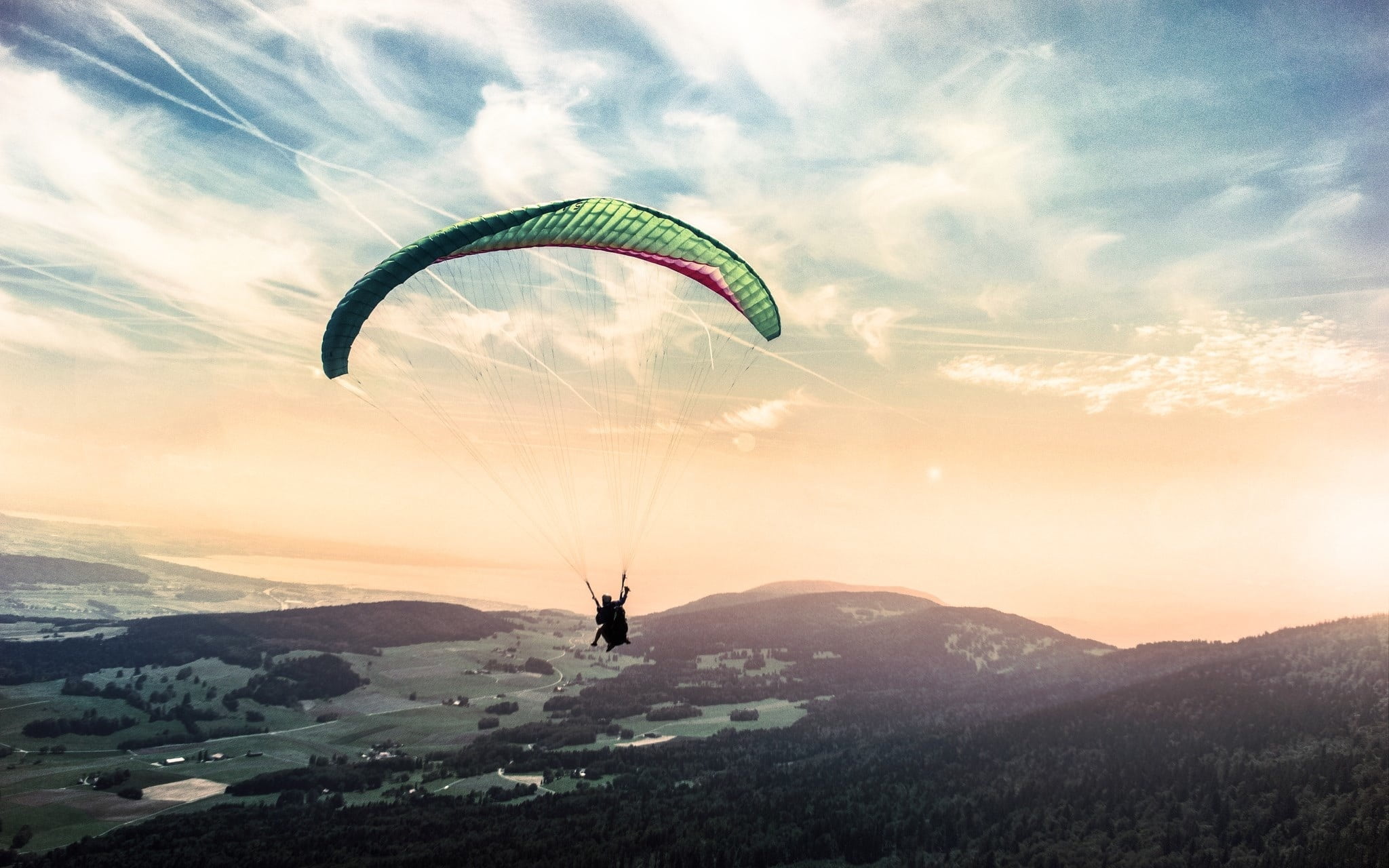 extreme, mid-air, flight, adrenaline, motivation, fears, 1080P, environment, dom, leisure activity, para, risk, action, joy, nature, sunset, flyer, gliding, HD Wallpaper