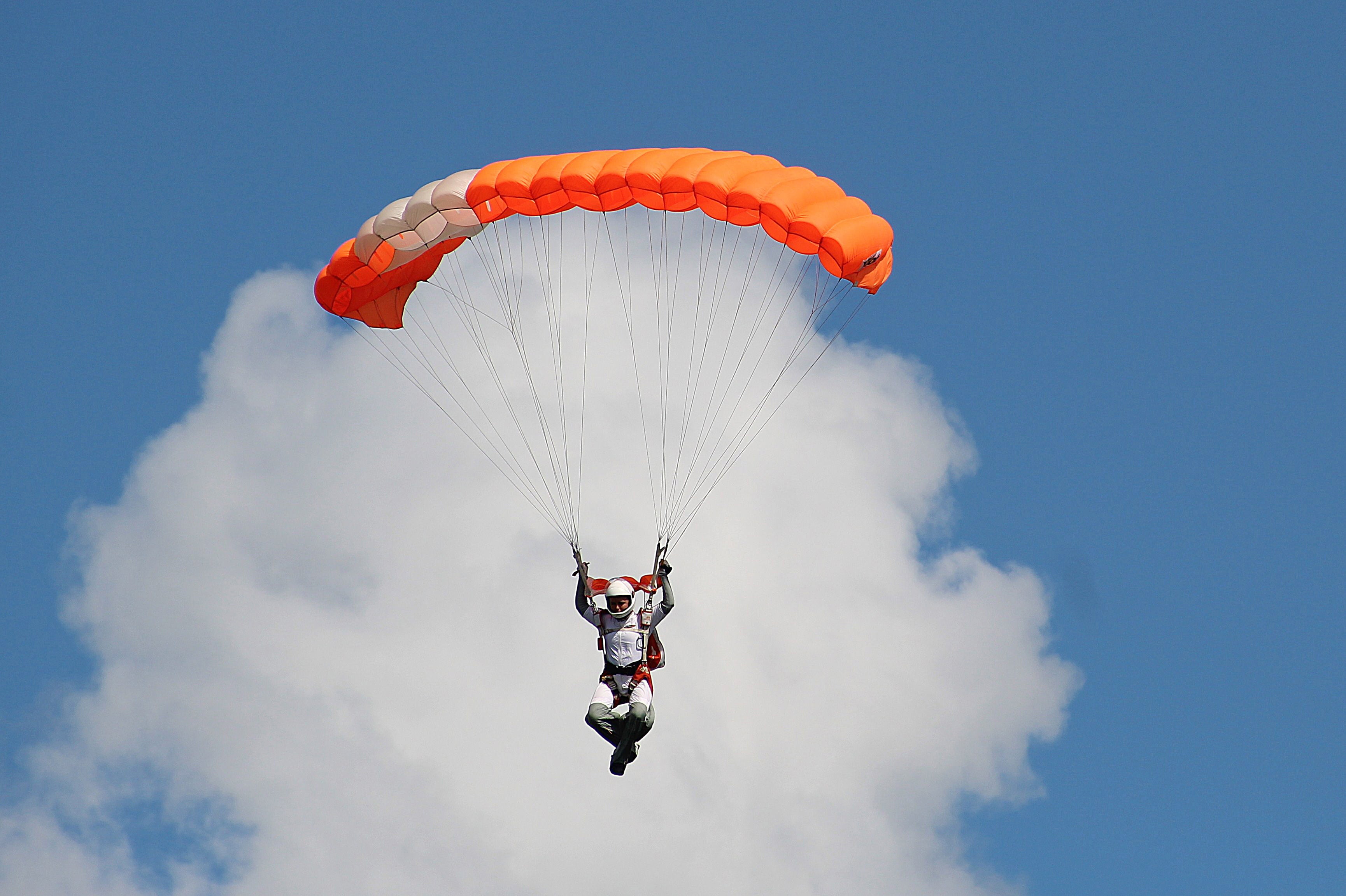 paraglider, extreme sports, clouds, man, leisure activity, flying, blue, daytime, transportation, wind, sky, directing linen, glide, skydiving, outdoors, HD Wallpaper
