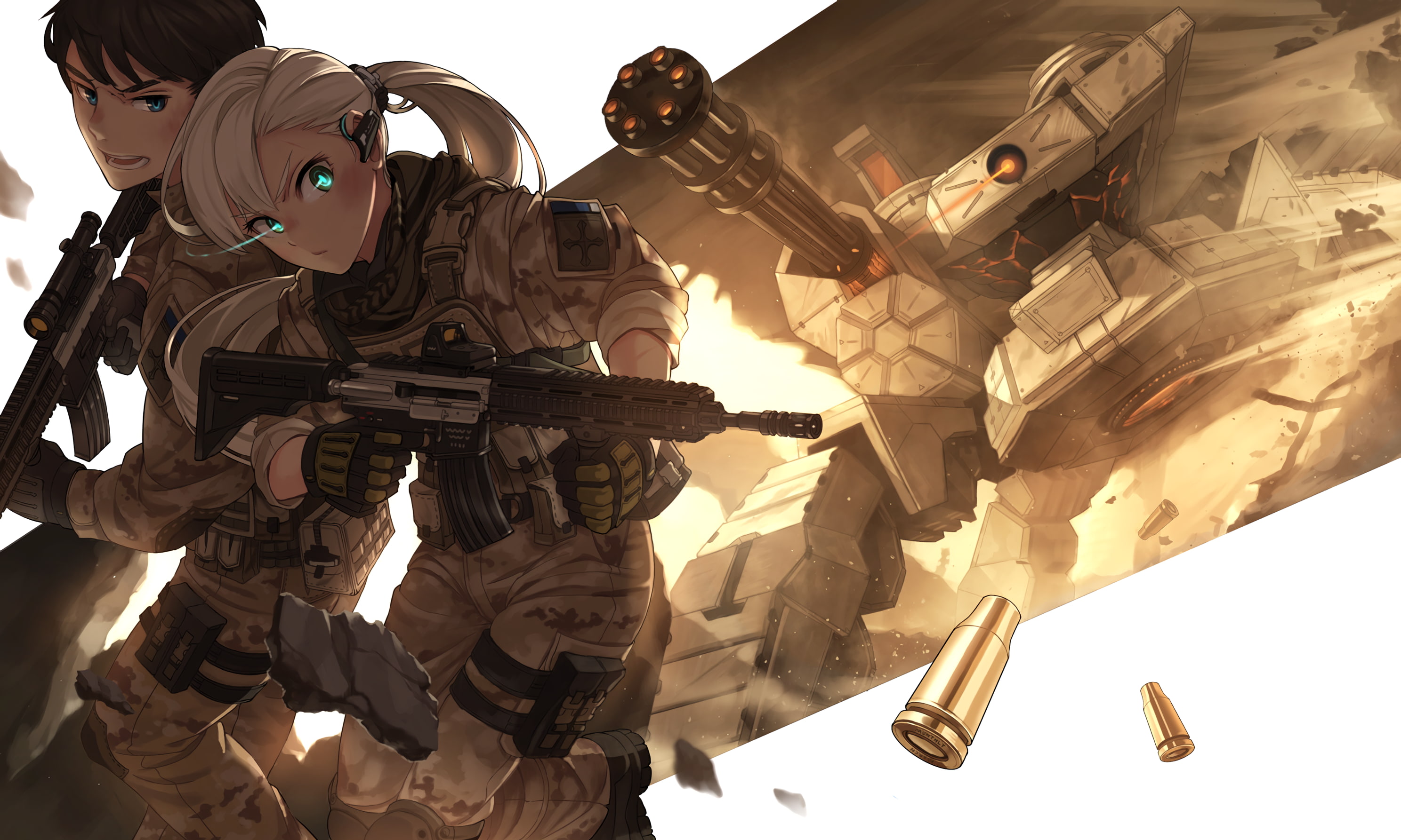 uniform, aqua eyes, 2K, gray hair, anime girls, long hair, gun, anime, weapon, HD Wallpaper