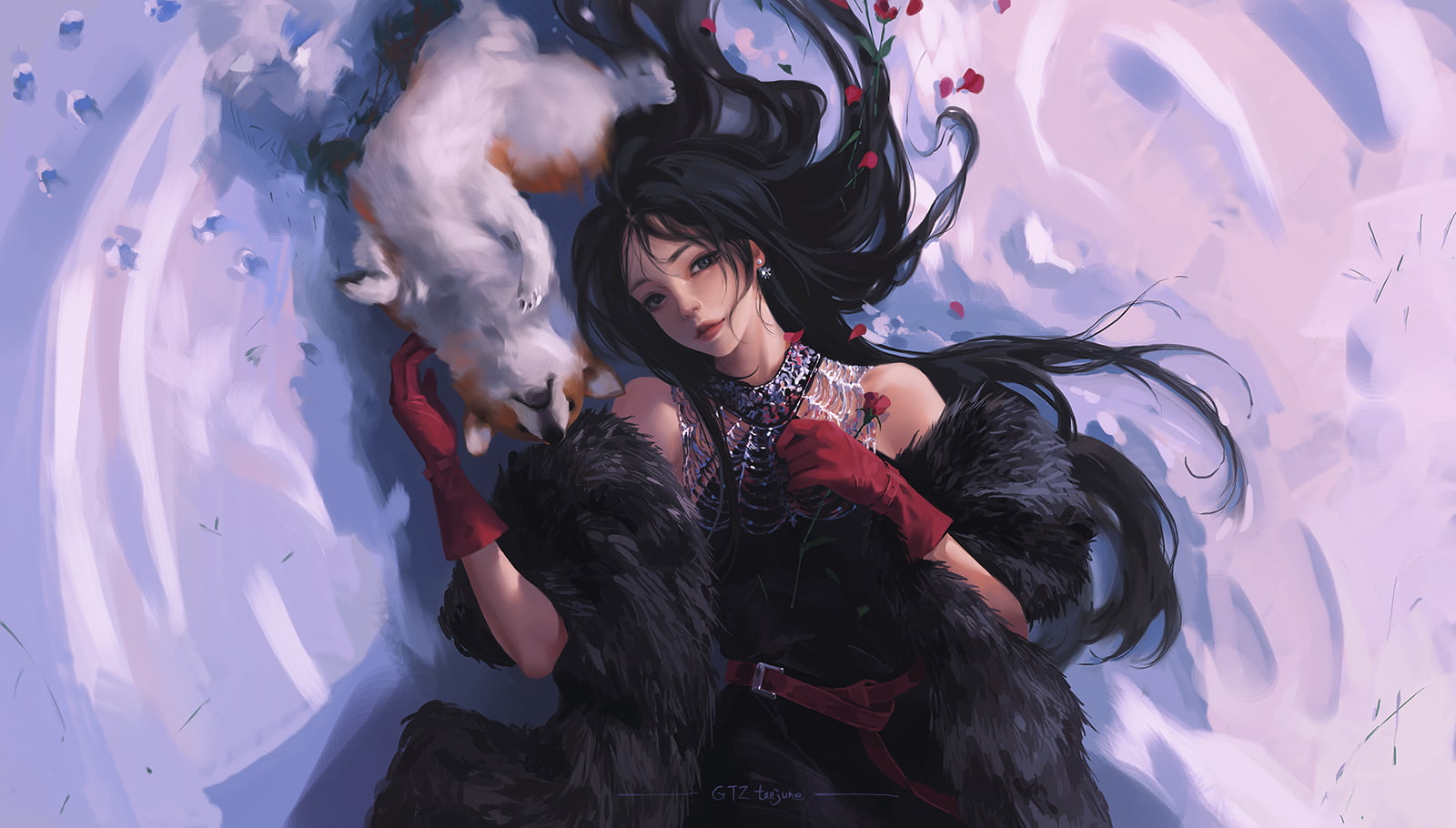 720P, snow, illustration, top view, gloves, long hair, looking at viewer, black clothing, petals, artwork, dog, drawing, rose, black hair, anime, black dress, HD Wallpaper