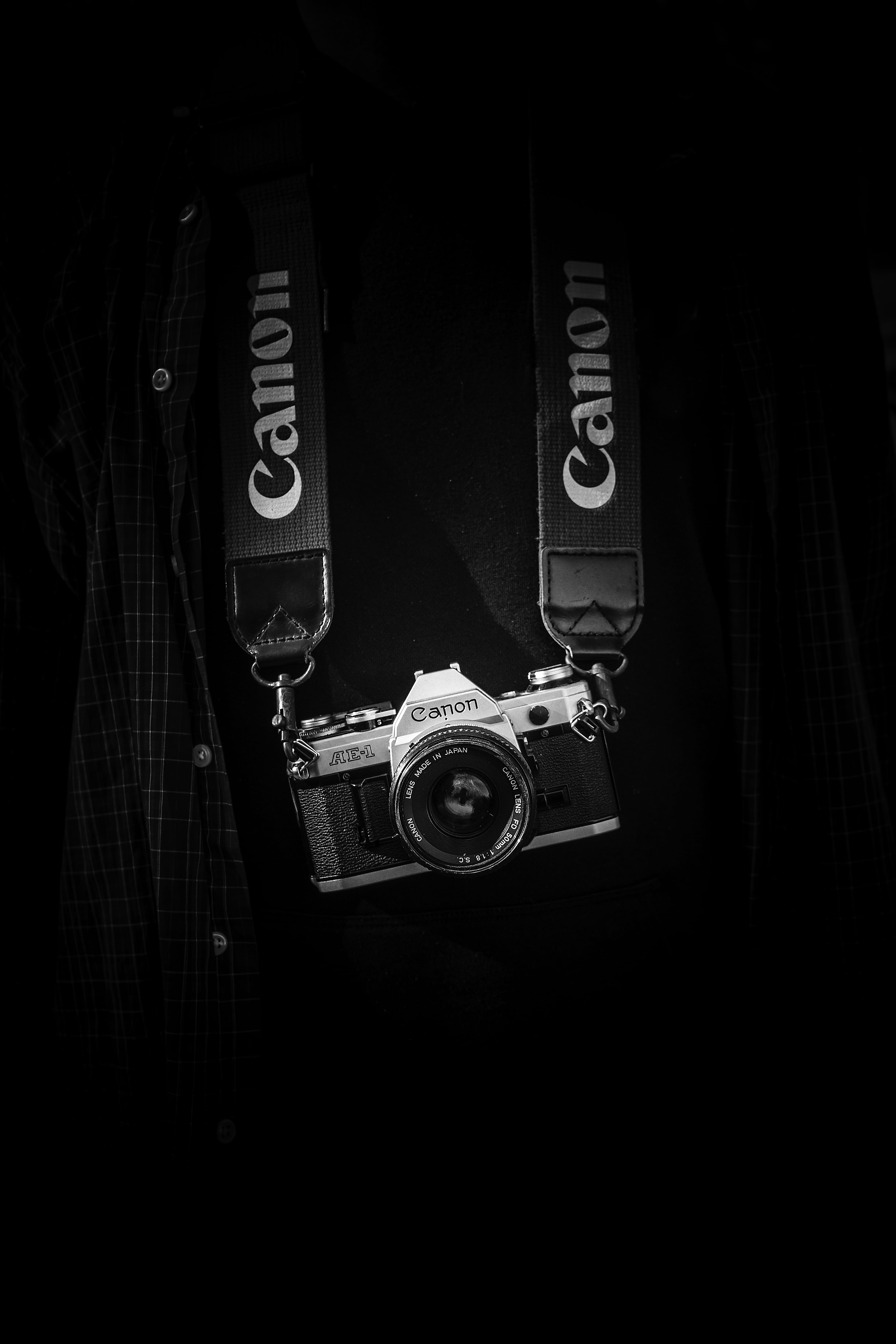 lanyard, clothing, dark, SLR camera, single Object, text, classic, obsolete, grey scale, body, lens - Optical Instrument, photography Themes, leisure activity, Phone HD Wallpaper