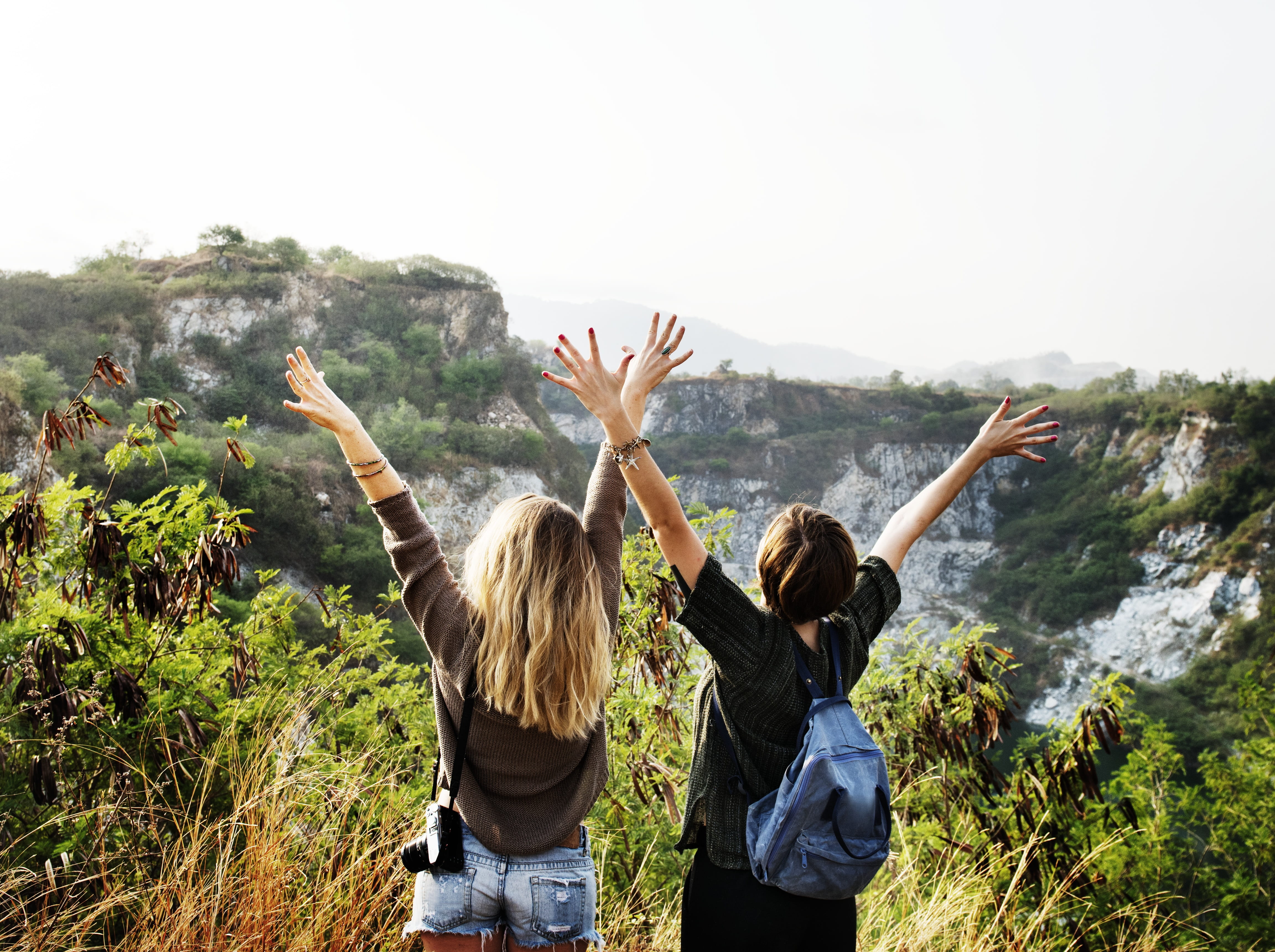 rear view, unity, standing, enjoy, girl, hobby, camping, arms raised, forest, travel, human arm, camera, casual, journey, hands, friendship, body part, HD Wallpaper