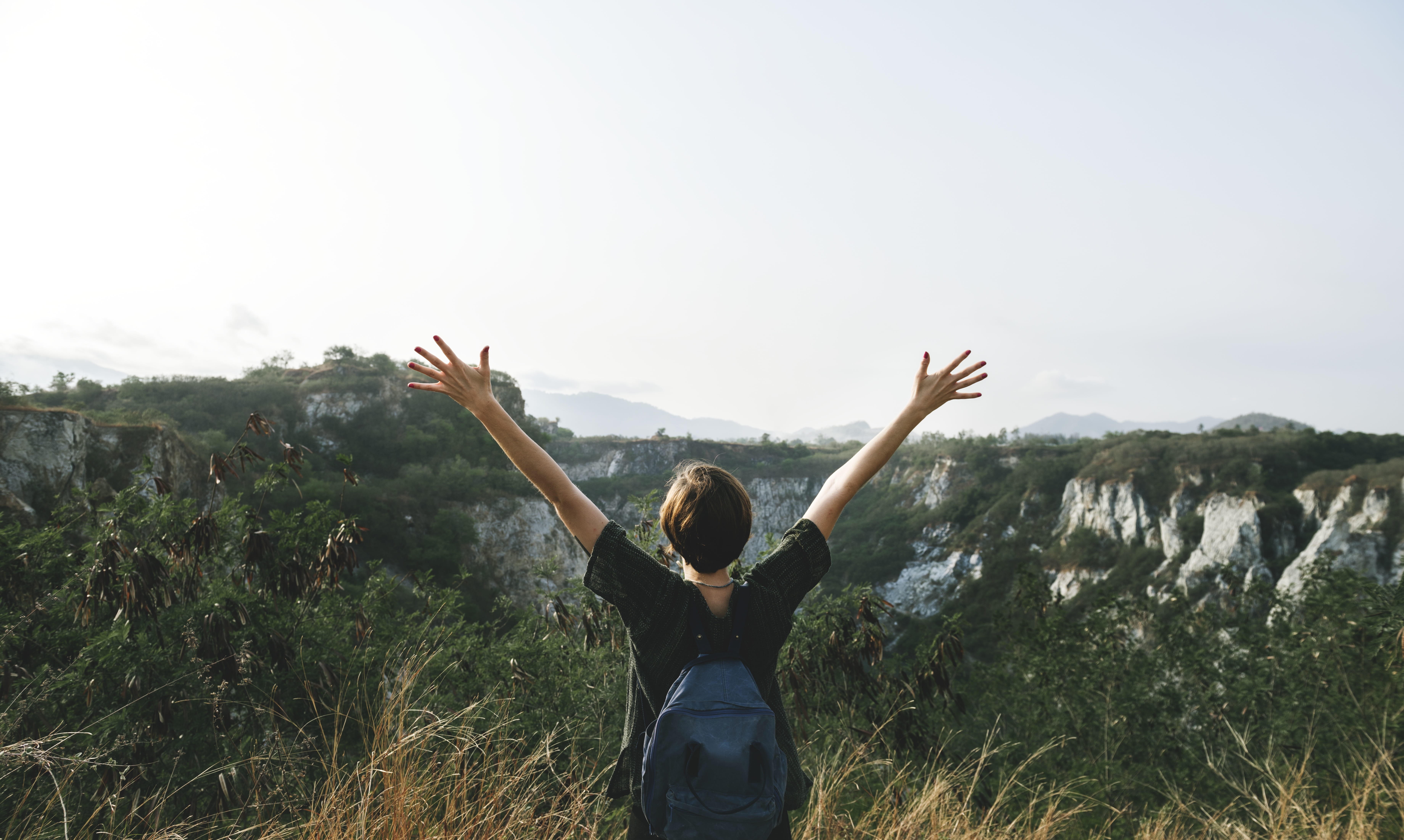 body part, enjoy, traveler, plants, human arm, excitement, arms raised, sky, joyful, one person, arms outstretched, woman, grass, travel, casual, wearing, HD Wallpaper