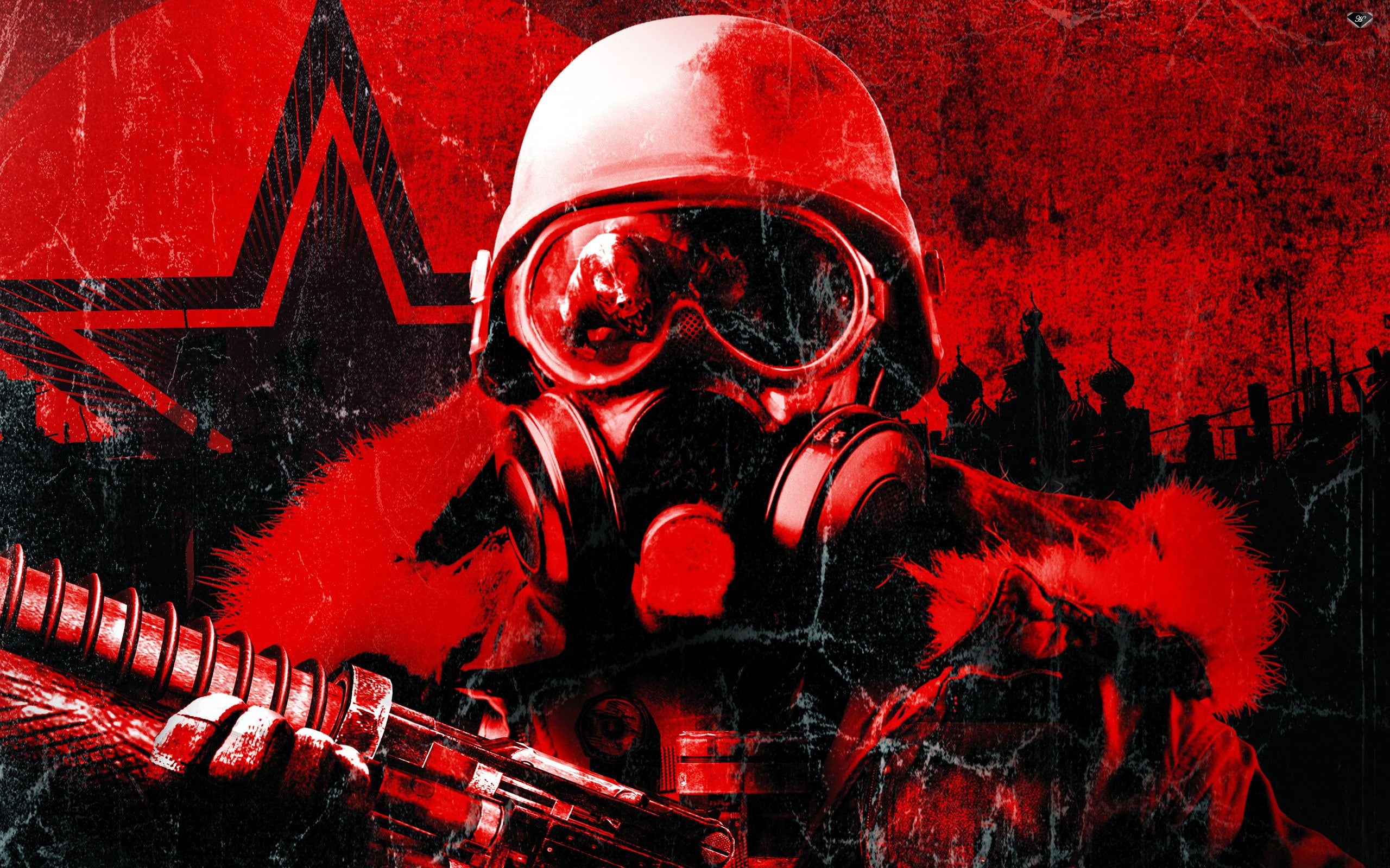 adult, obscured face, metro 2033, digital composite, men, unrecognizable person, 2K, headwear, gas mask, holding, helmet, headshot, front view, waist up, HD Wallpaper