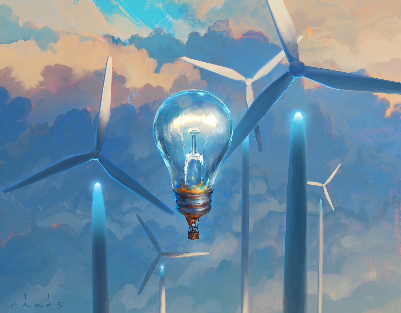 Artem RHADS, 720P, light bulb, clouds, lamp, sky, painting, mill, HD Wallpaper