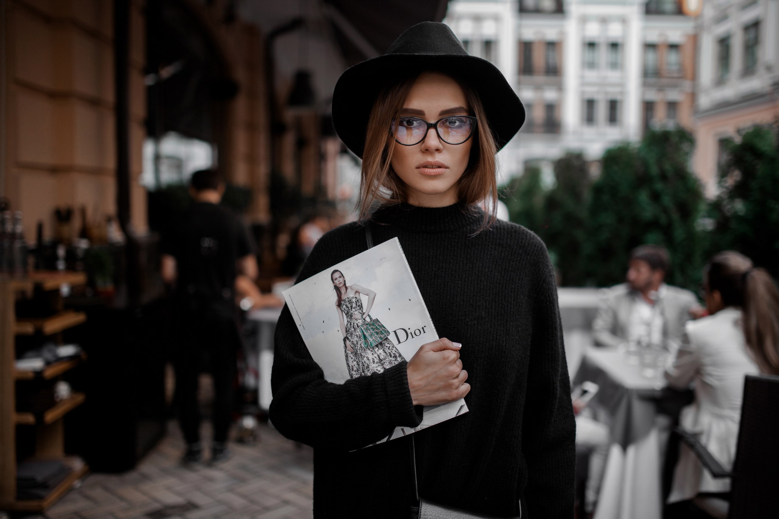 dark eyes, portrait, face, hat, Artem Galkevich, women outdoors, women, women with glasses, brunette, Dior, black clothing, 2K, Alisa Sukhoyvan, HD Wallpaper