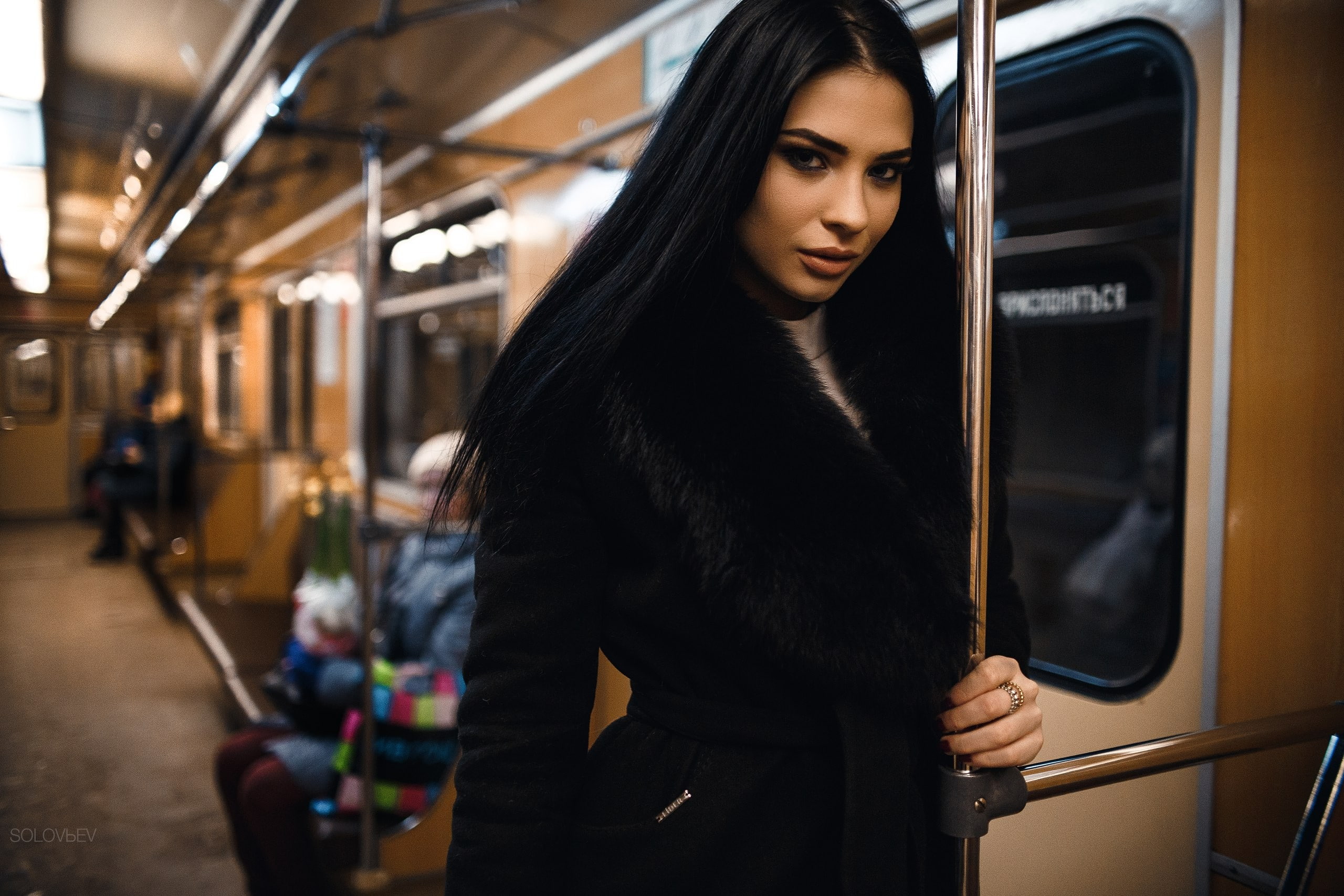 black hair, coats, Viktoria Efremycheva, black coat, Artem SolovЬev, portrait, metro, depth of field, women, 2K, model, HD Wallpaper