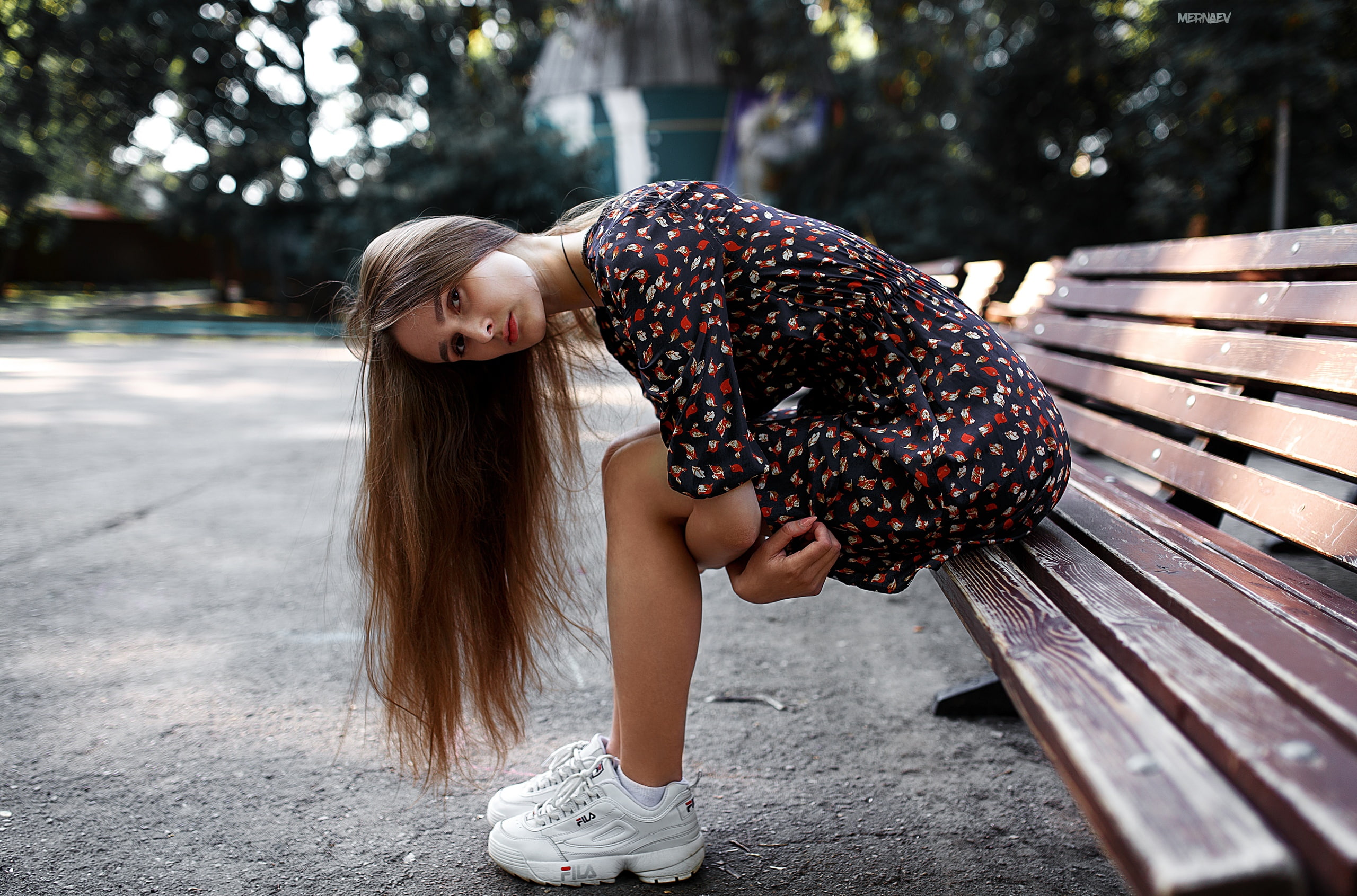 looking at viewer, 2K, women, child, girls, portrait, Artyom Mernaev, nature, dress, women outdoors, brunette, hair, outdoors, day, one person, bench, HD Wallpaper
