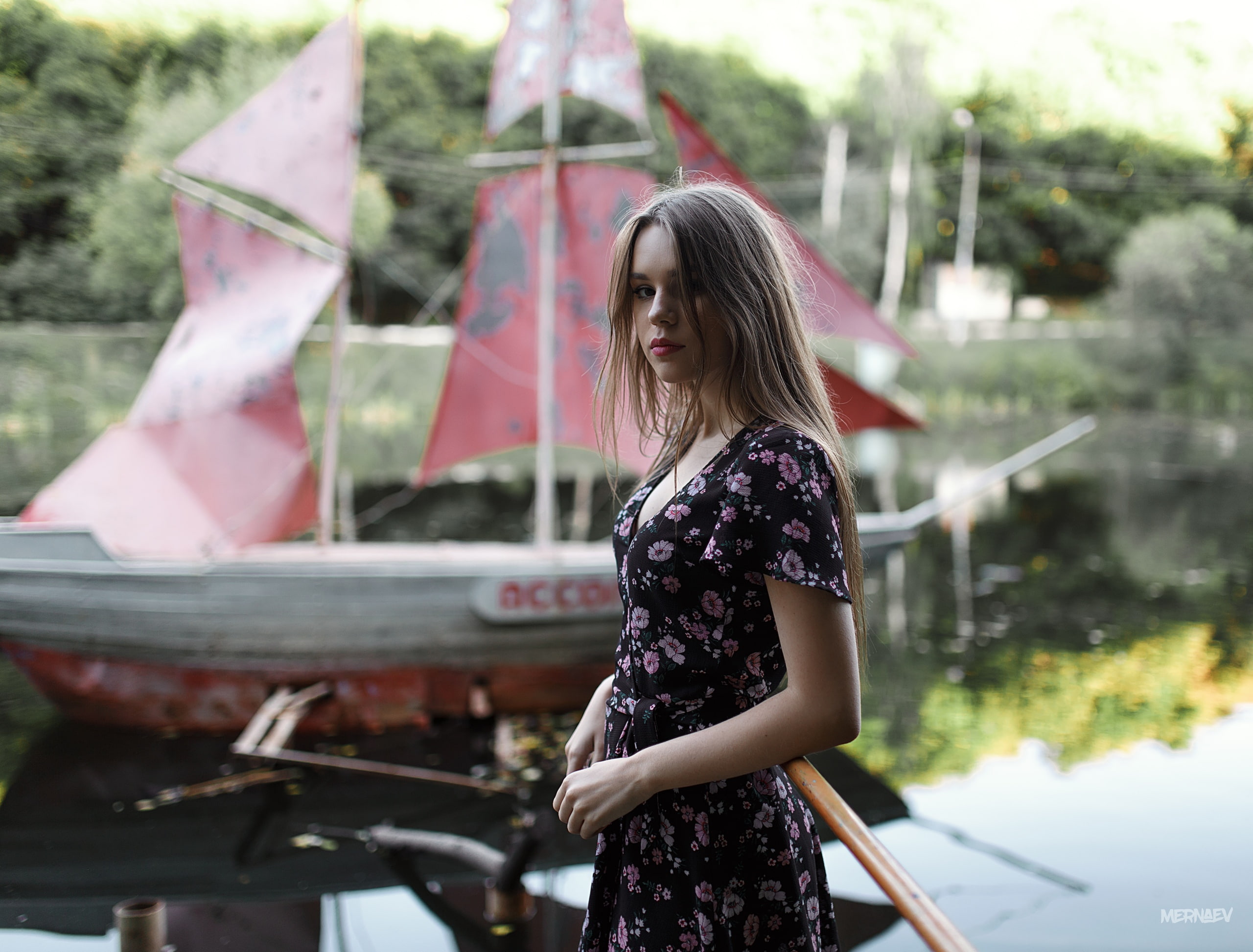 Artyom Mernaev, dress, women outdoors, boat, looking at viewer, model, women, portrait, depth of field, lake, 2K, outdoors, HD Wallpaper