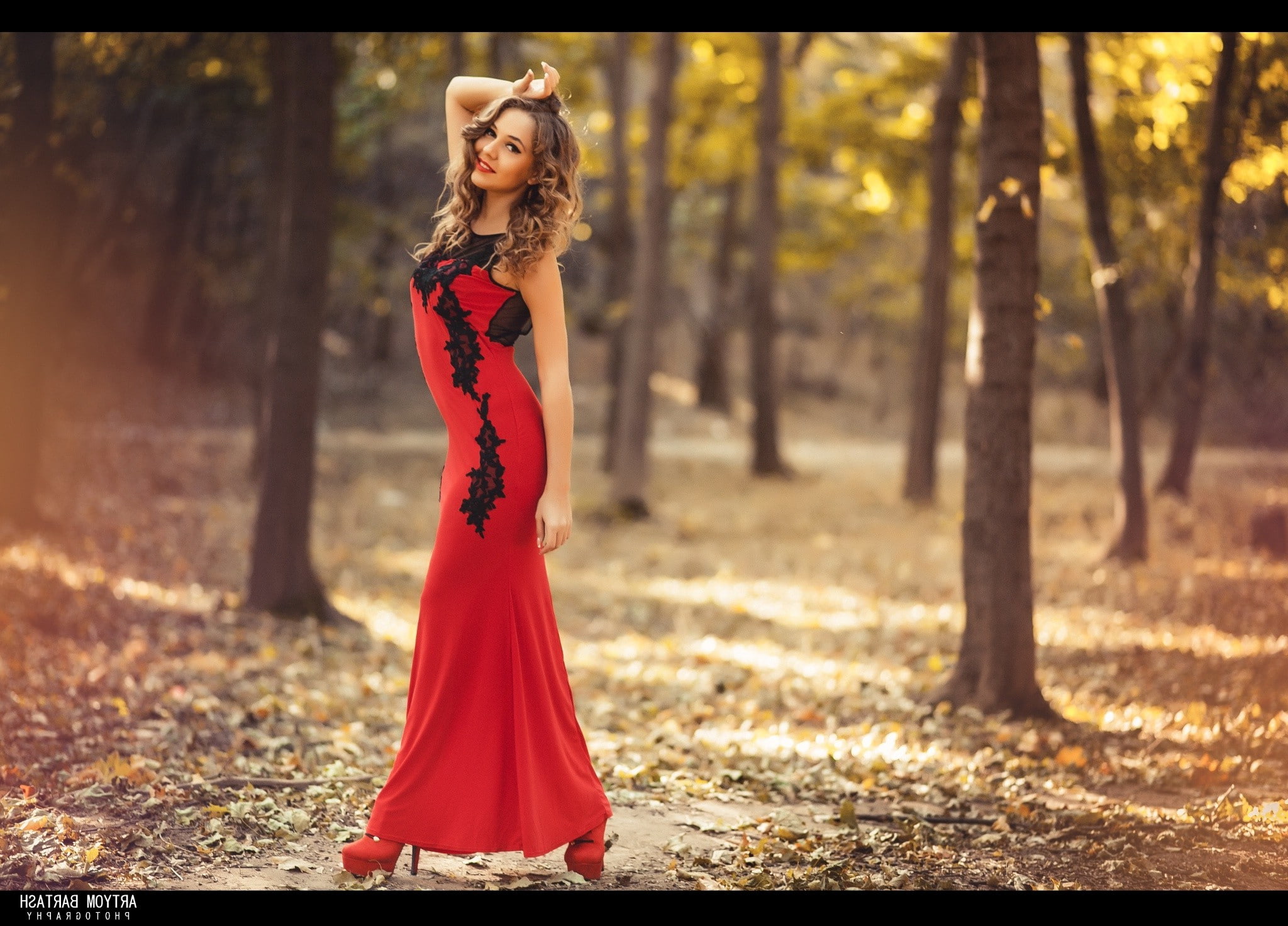 Depth Of Field, women, smiling, Curly Hair, Hands In Hair, Women Outdoors, Long Hair, red Dress, dress, model, Looking At Viewer, Artyom Bartash, heels, HD Wallpaper
