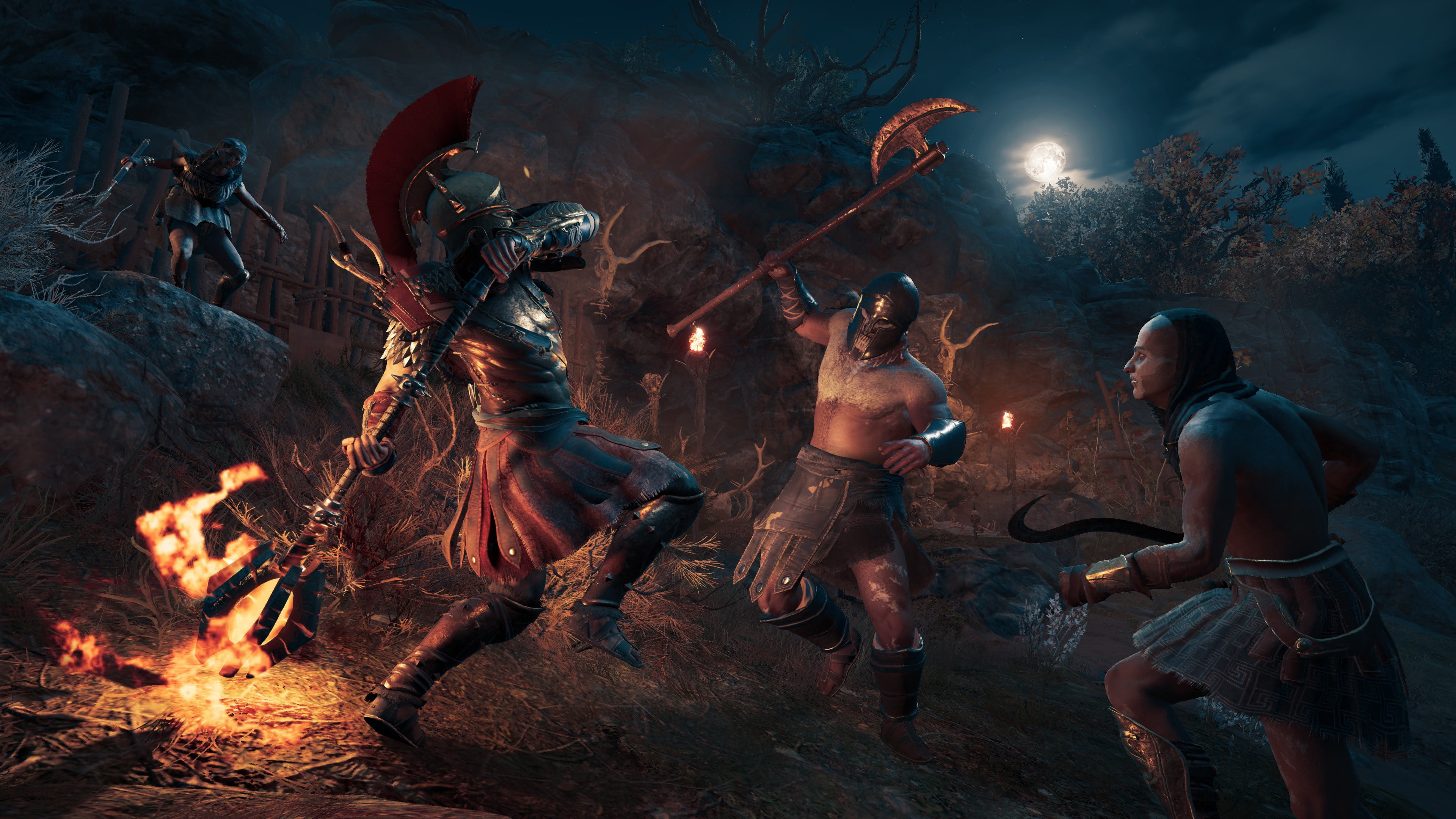 Odyssey, Assassins Creed, night, Gamescom 2018, Assassins Creed, fire, battle, 4K, HD Wallpaper