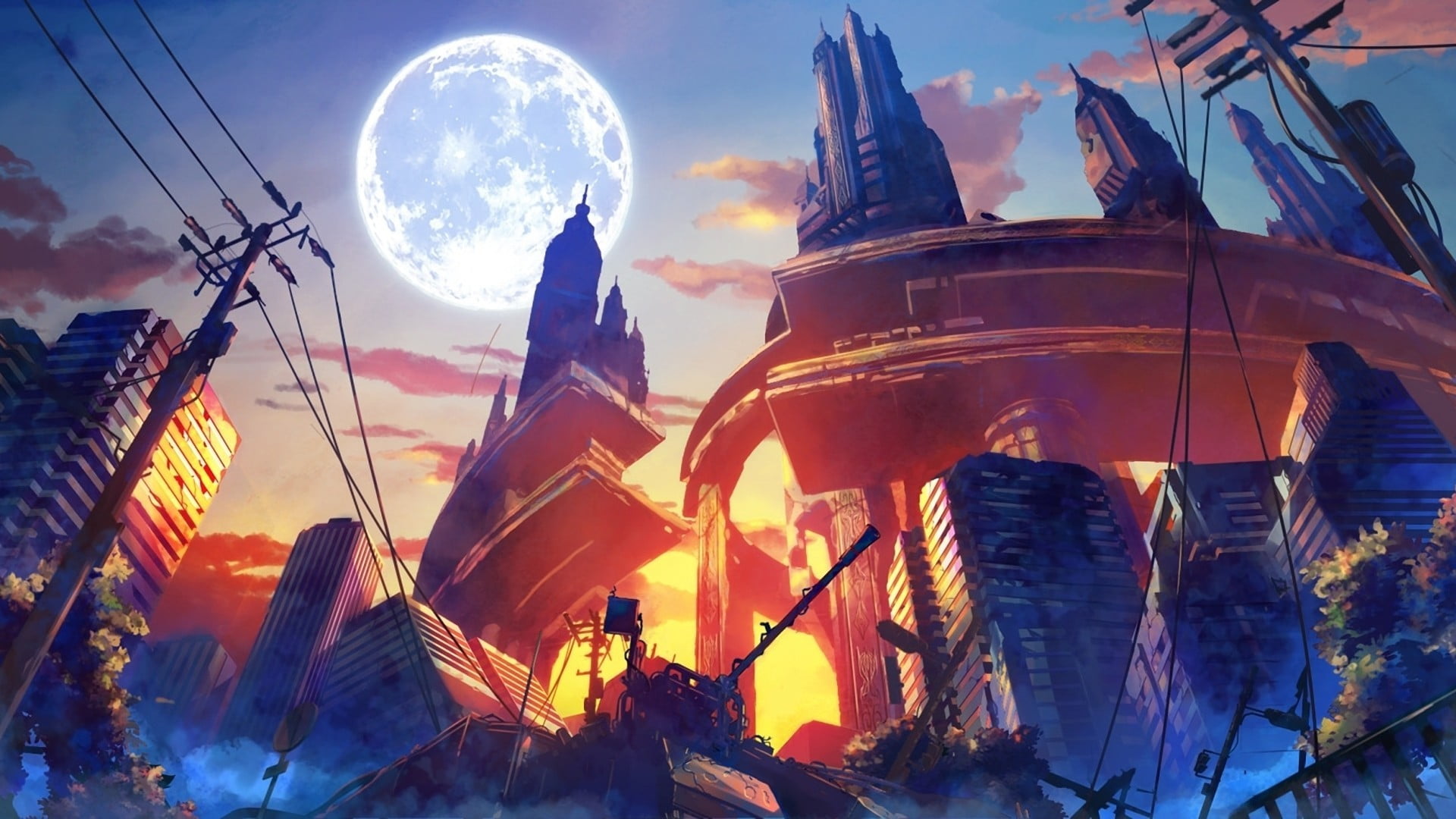 sunset, dusk, beauty in nature, city, anime, no people, history, outdoors, cloud - sky, fantasy art, sky, built structure, buildings, rise, sunlight, building exterior, HD Wallpaper