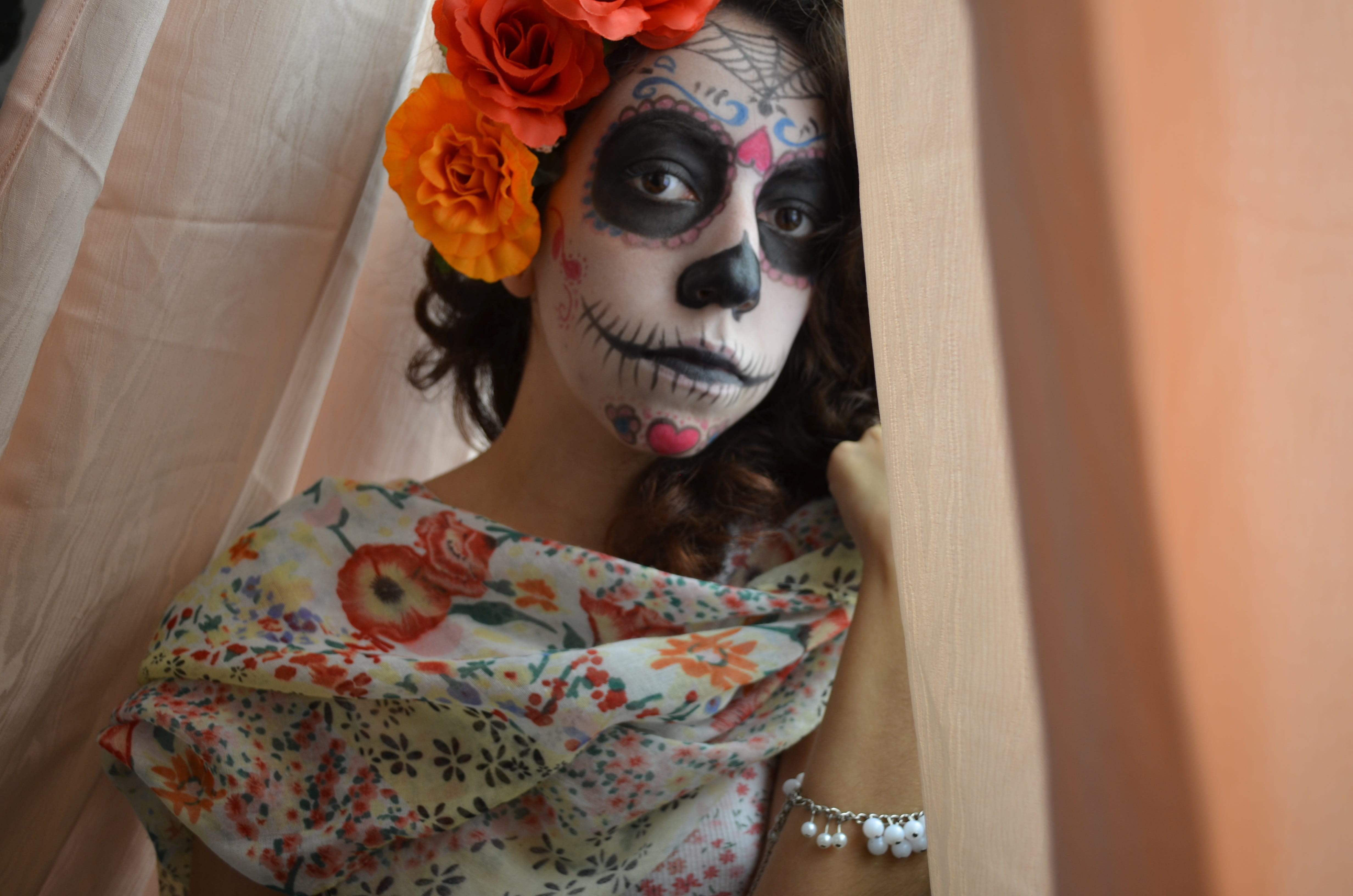 bones, adult, face, 4K, young adult, painting, adults only, wearing flowers, paint, indoors, make-up, looking, flower, lifestyles, one person, crafts, HD Wallpaper
