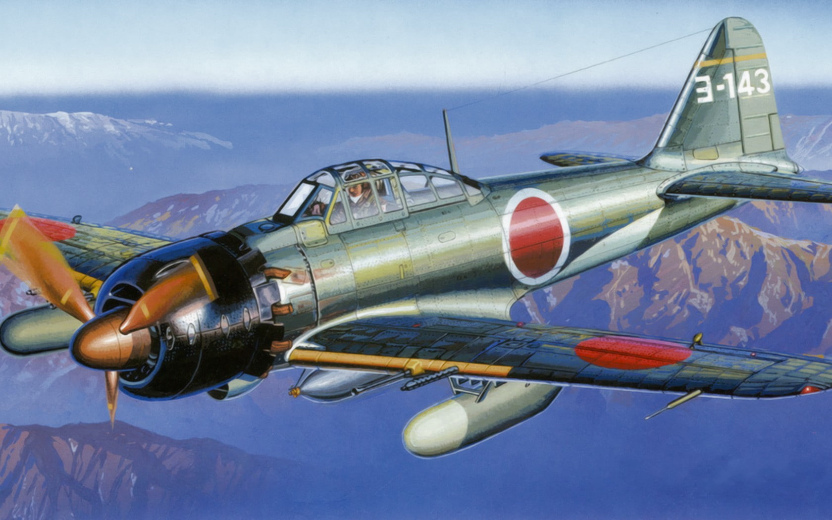 day, sky, cloud - sky, flying, military, Zero, airshow, no people, mountain, 720P, mode of transportation, World War II, Japanese, airplane, plane, air vehicle, HD Wallpaper