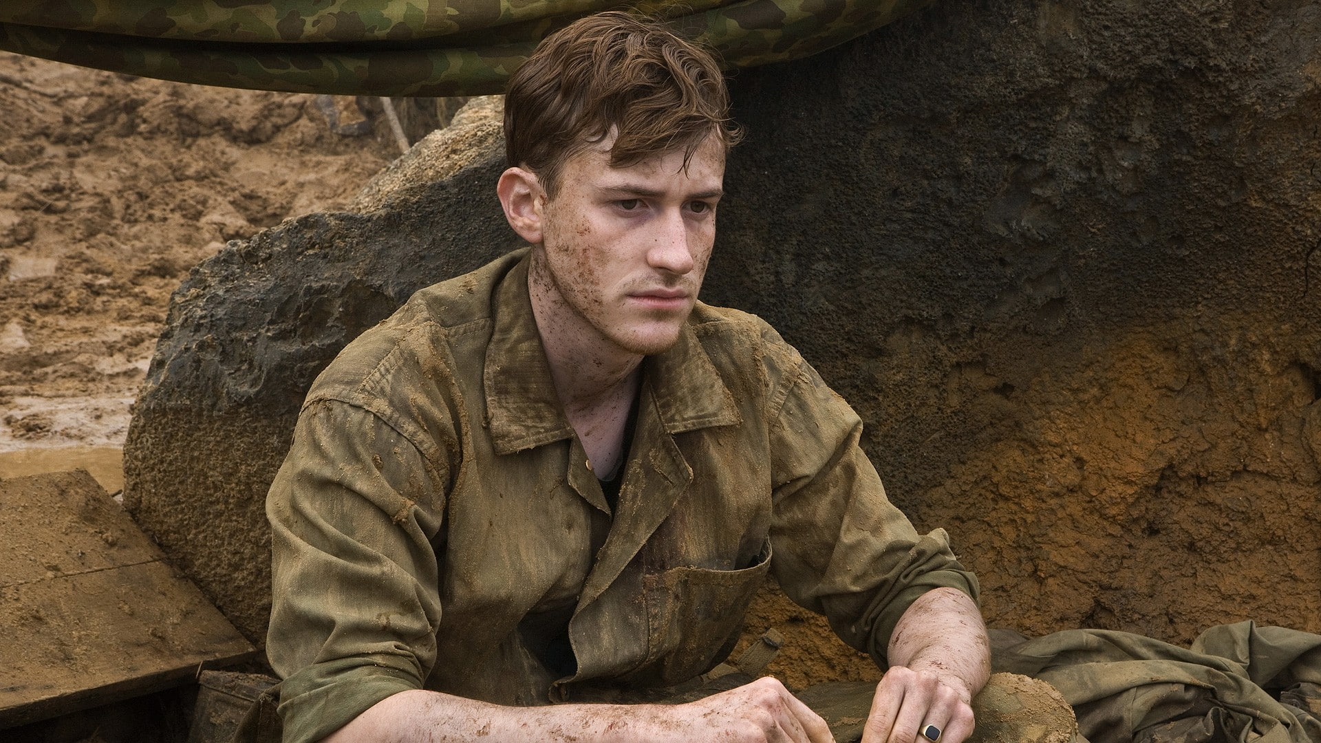 1080P, young men, dirt, sitting, uniform, clothing, armed forces, men, contemplation, nature, war, government, HBO, The Pacific, World War II, looking at camera, HD Wallpaper
