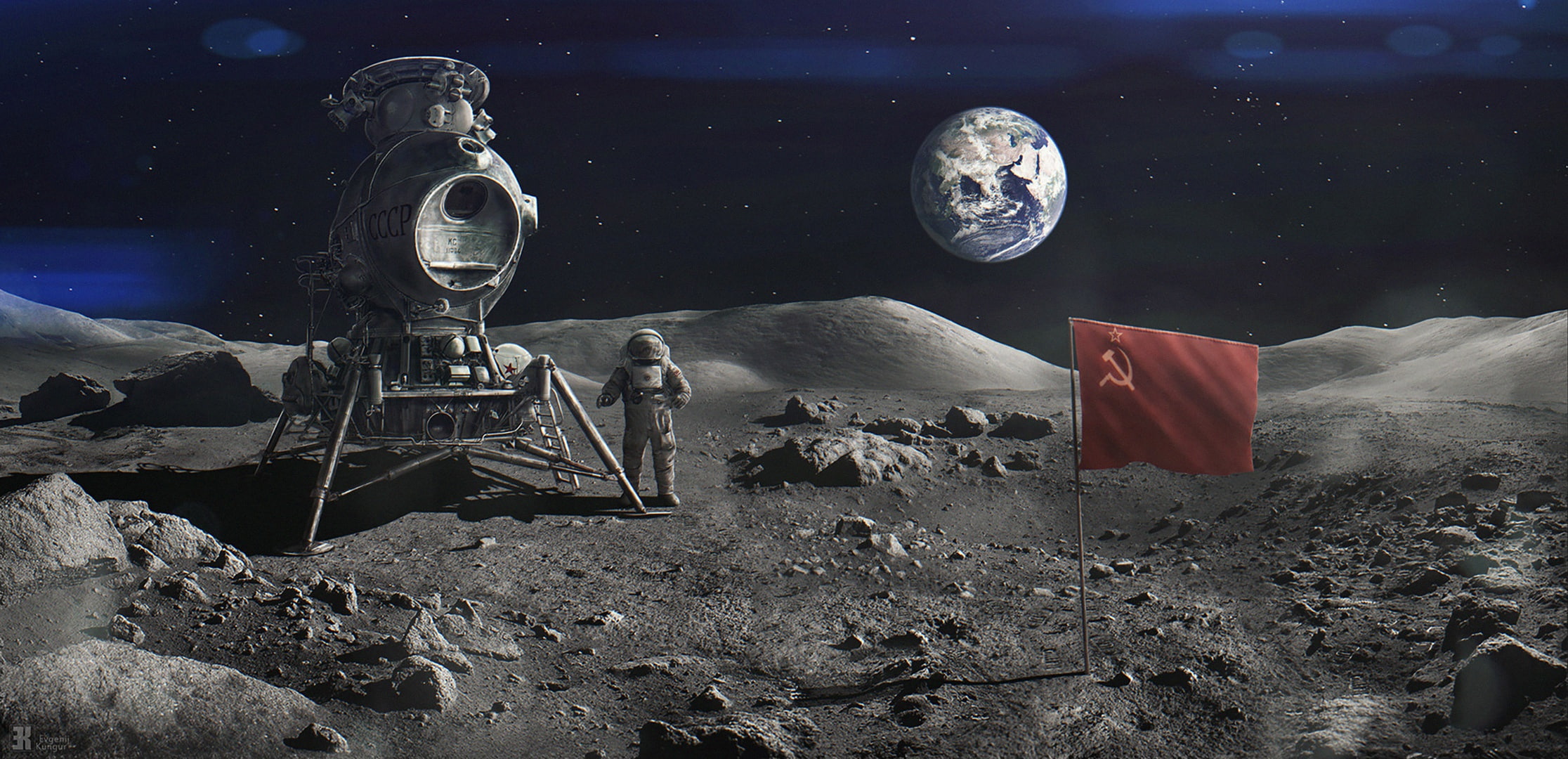 USSR, earth, Project N1-L3, astronaut, 1080P, The moon, flag, Evgenij Kungur, HD Wallpaper