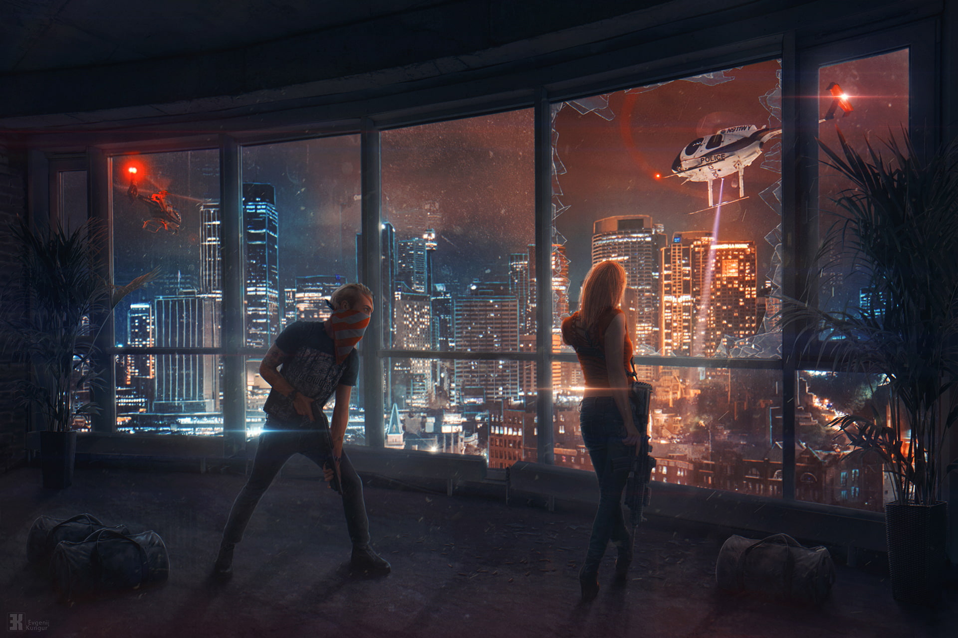 broken glass, helicopter, Evgenij Kungur, city, police, digital art, 1080P, HD Wallpaper