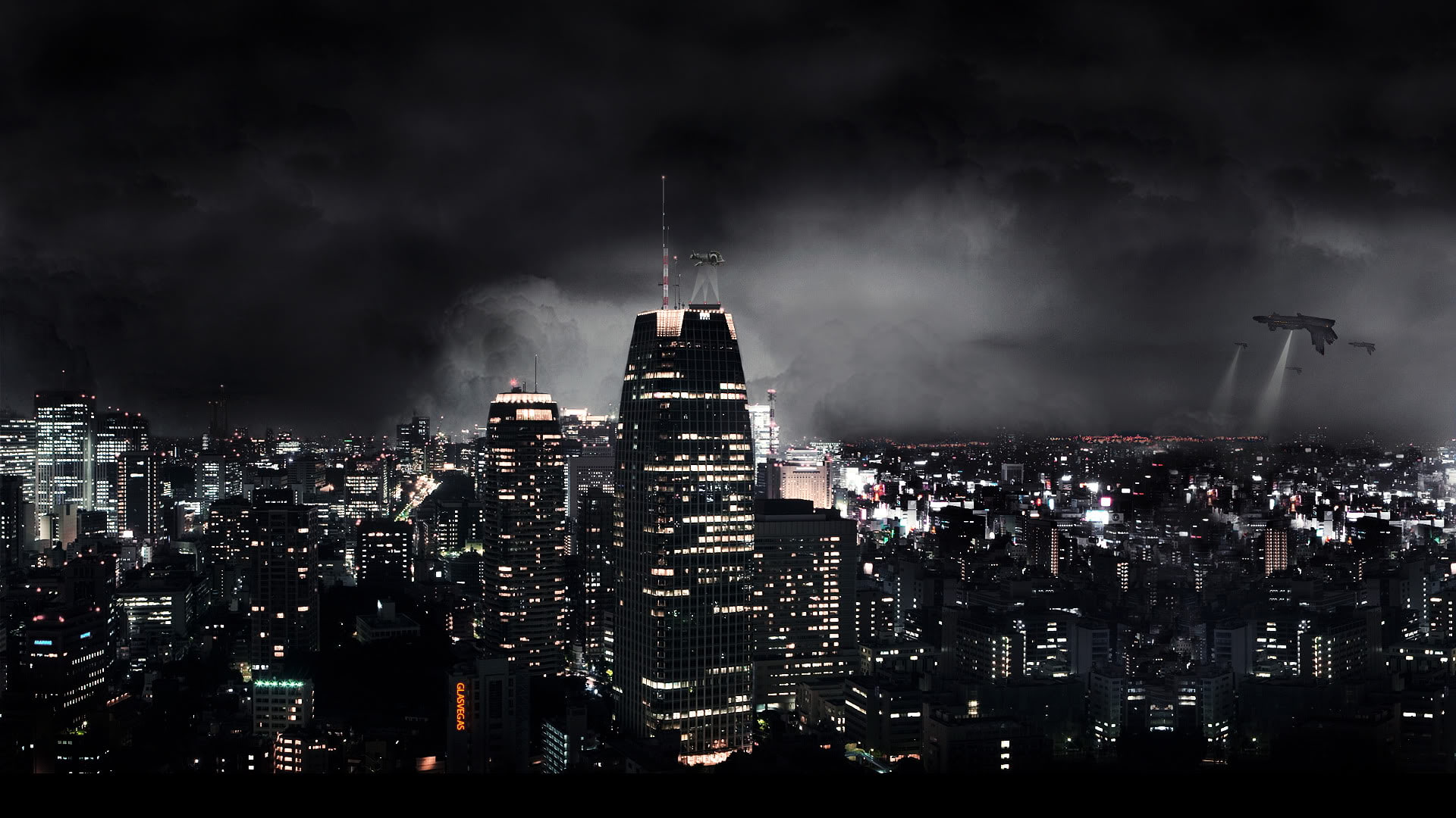 clouds, vehicles, apocalyptic, 1080P, sci, science, architecture, wondow, digital, cities, spacecraft, invasion, sky, manipulation, aliens, futuristic, HD Wallpaper