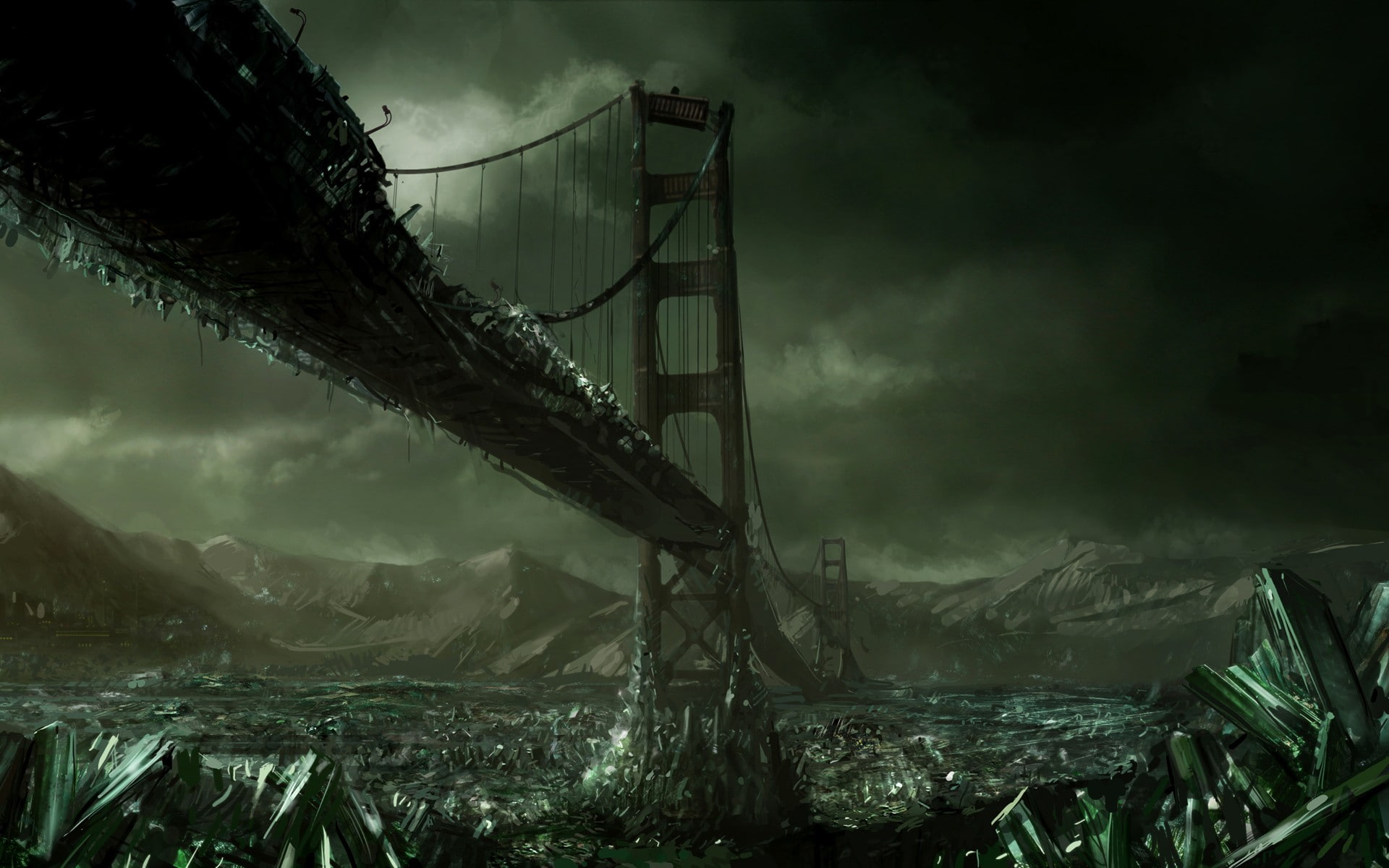 crystal, destruction, Golden Gate Bridge, artwork, Command and Conquer 3: Tiberium Wars, science fiction, dark, bridge, apocalyptic, 1080P, HD Wallpaper