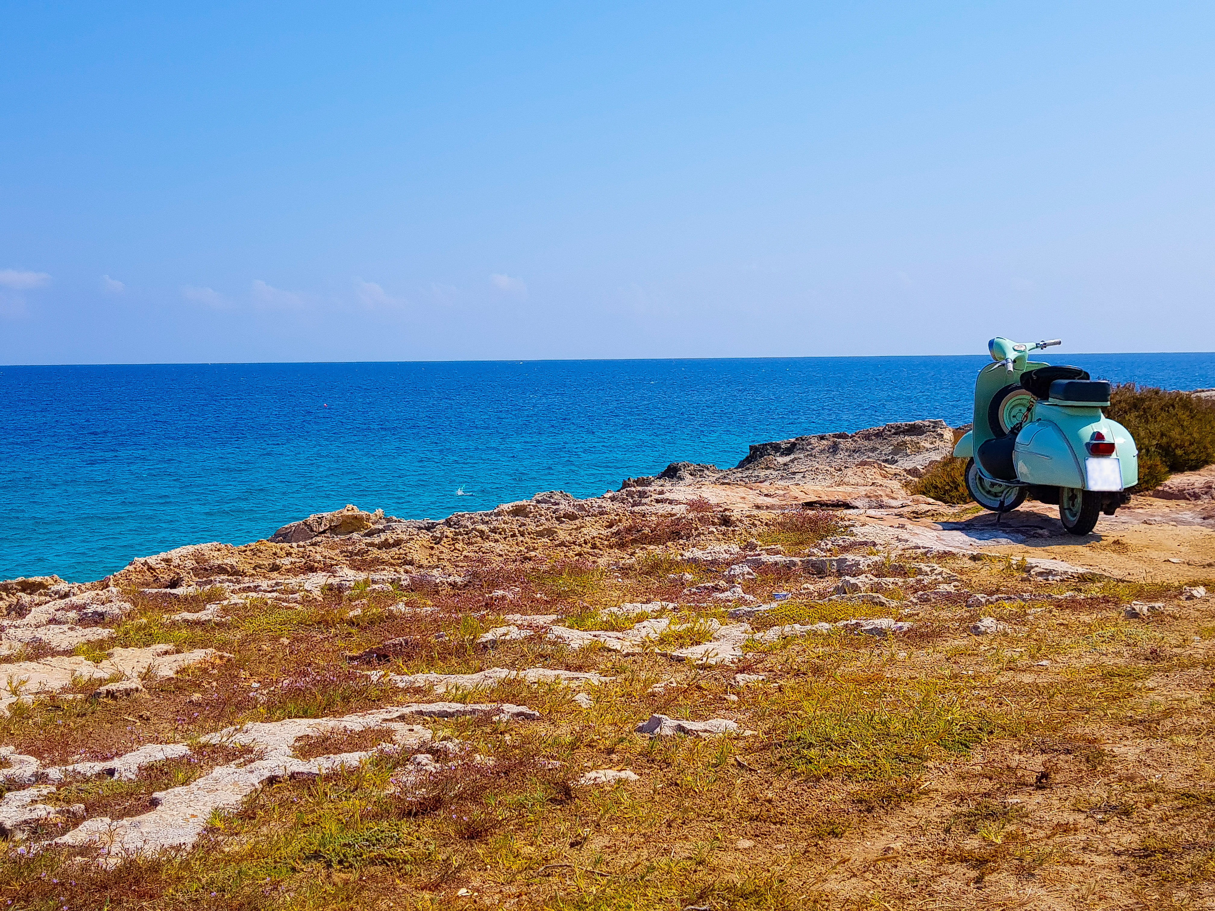 blue, italy, salento, horizon, water, piaggio, clear sky, transportation, vespa sprint, scenics - nature, south, horizon over water, cliff, holiday, cala port red, HD Wallpaper