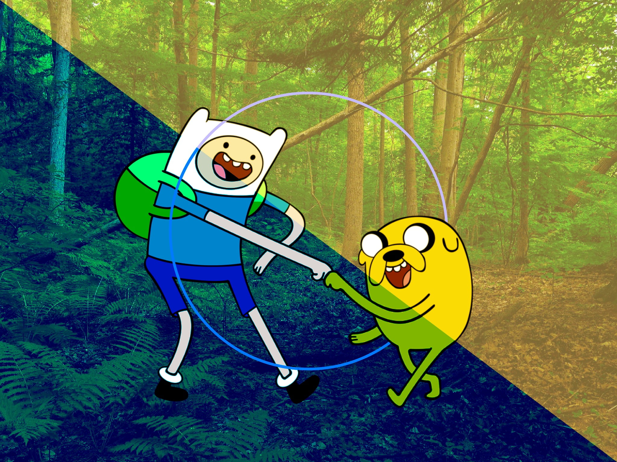 representation, art and craft, creativity, park, Jake the Dog, 1080P, tree, toy, seat, landscape, plant, no people, green color, forest, chair, Finn the Human, HD Wallpaper