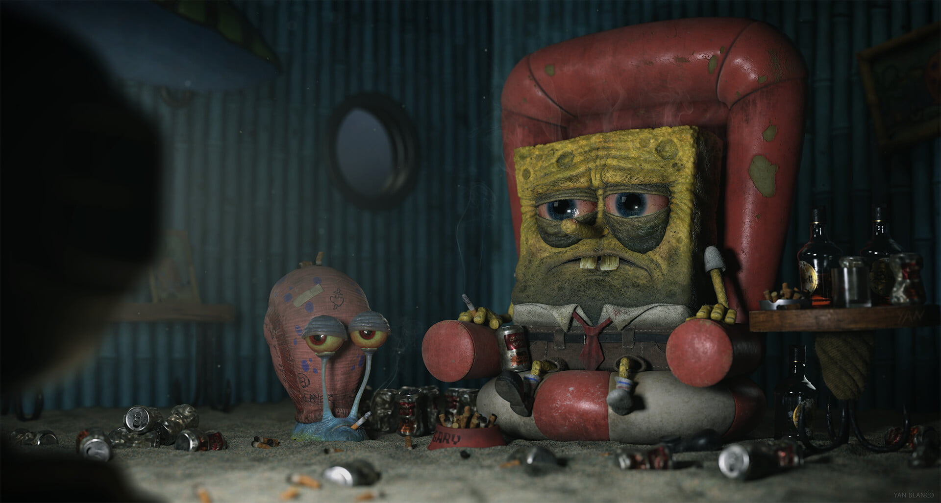 Yan Blanco, chair, cigarettes, alcohol, digital art, 1080P, spongebob, snail, HD Wallpaper
