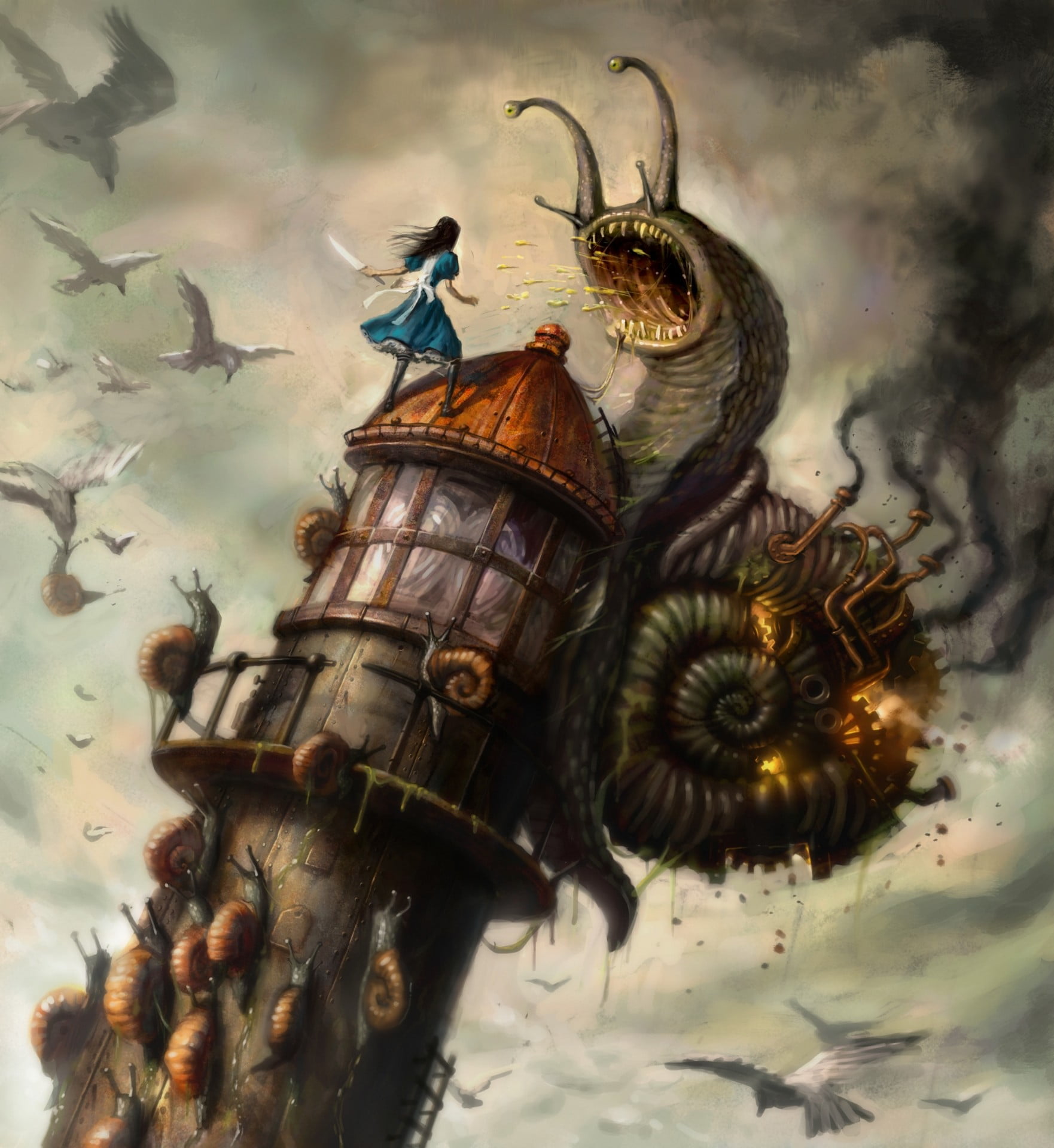 history, Alice: Madness Returns, vertebrate, close-up, light house, fantasy art, no people, woman, Alice, 1080P, architecture, animal themes, bird, creativity, Phone HD Wallpaper