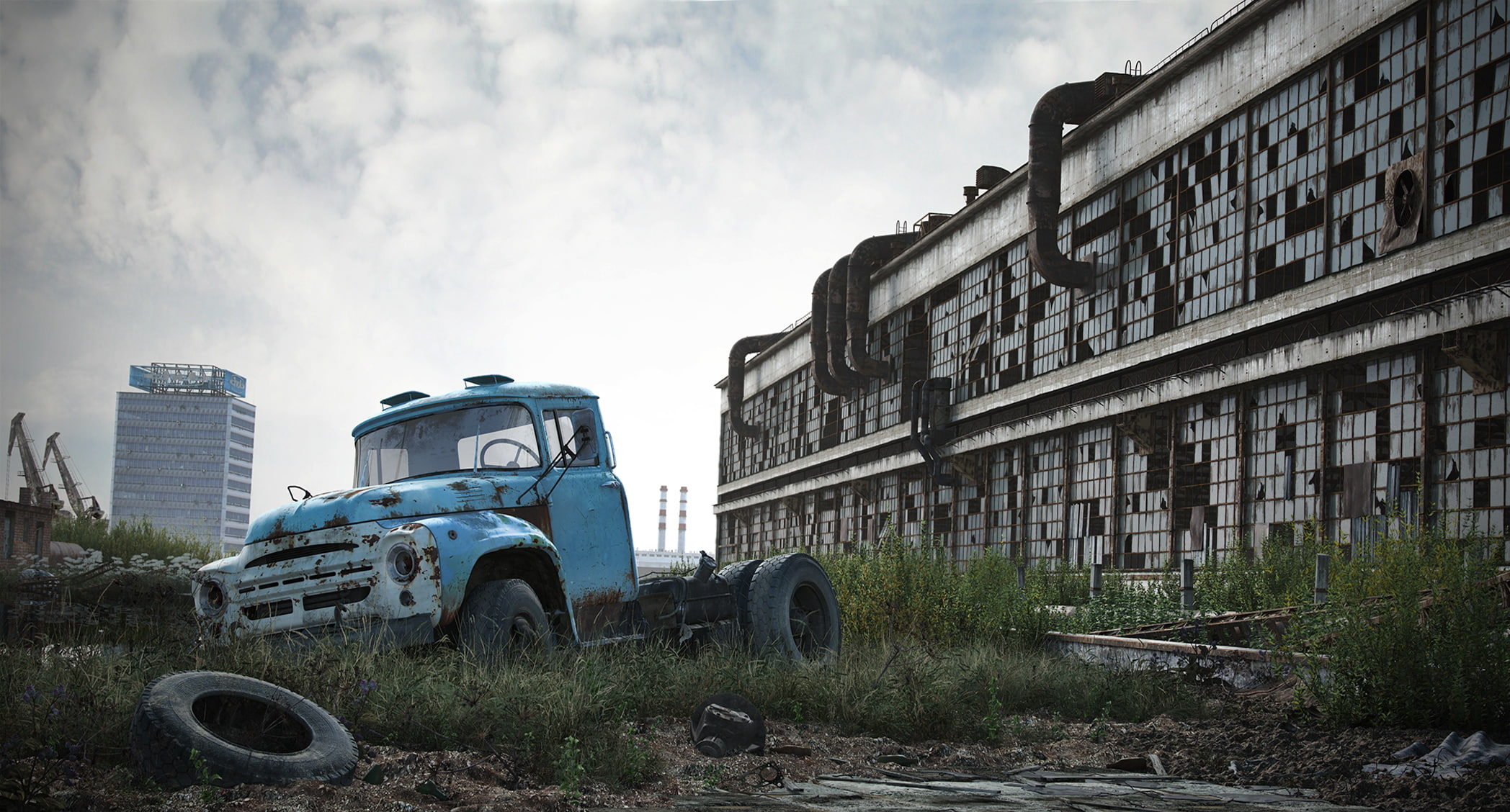 city, mode of transportation, sky, 1080P, the building, day, outdoors, land vehicle, building exterior, plant, run-down, built structure, truck, nature, HD Wallpaper
