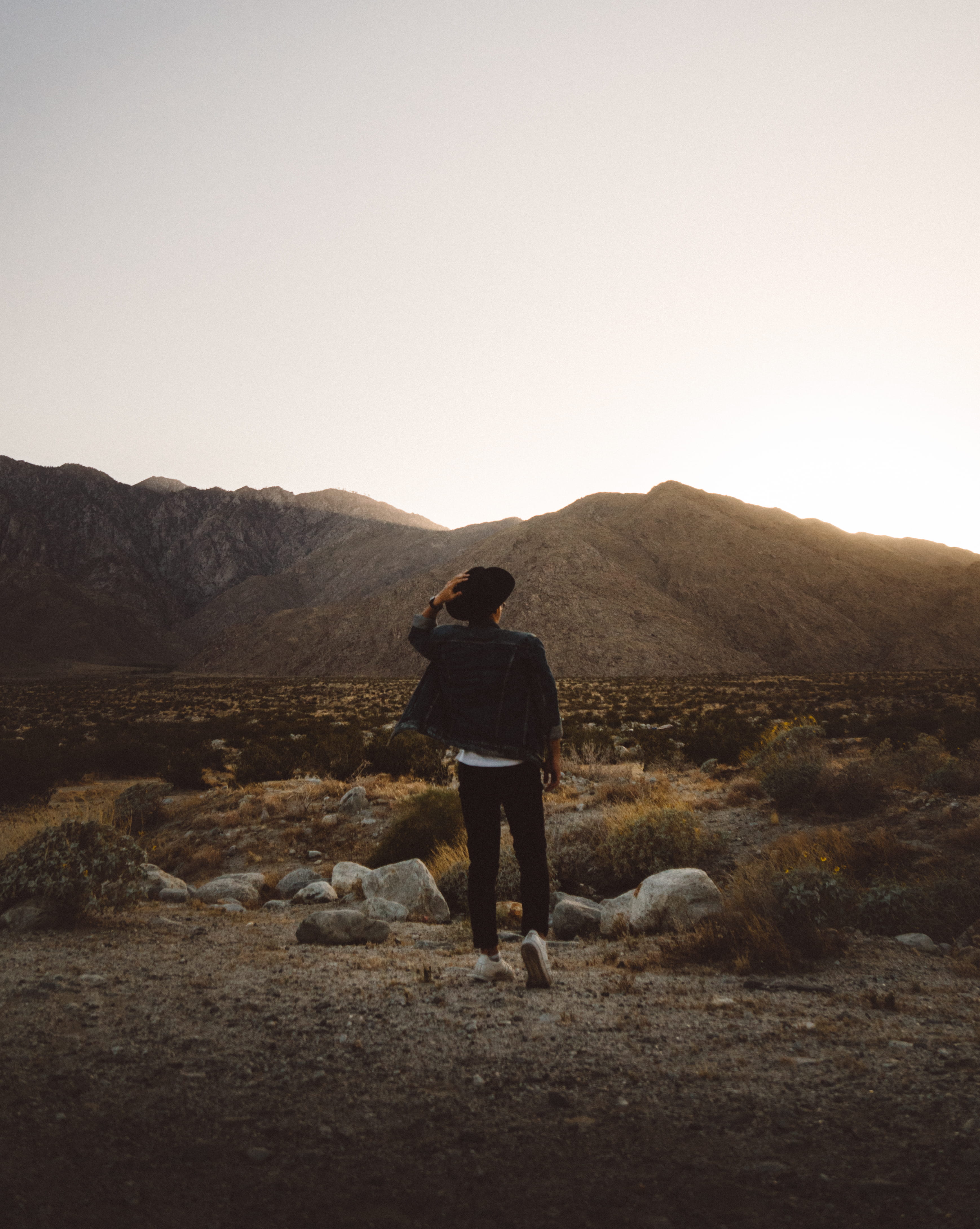 outdoors, looking at view, mountain, black, palm spring, sky, field, walking, hat, solid, orange, denim, style, jacket, leisure activity, full length, golden, Phone HD Wallpaper