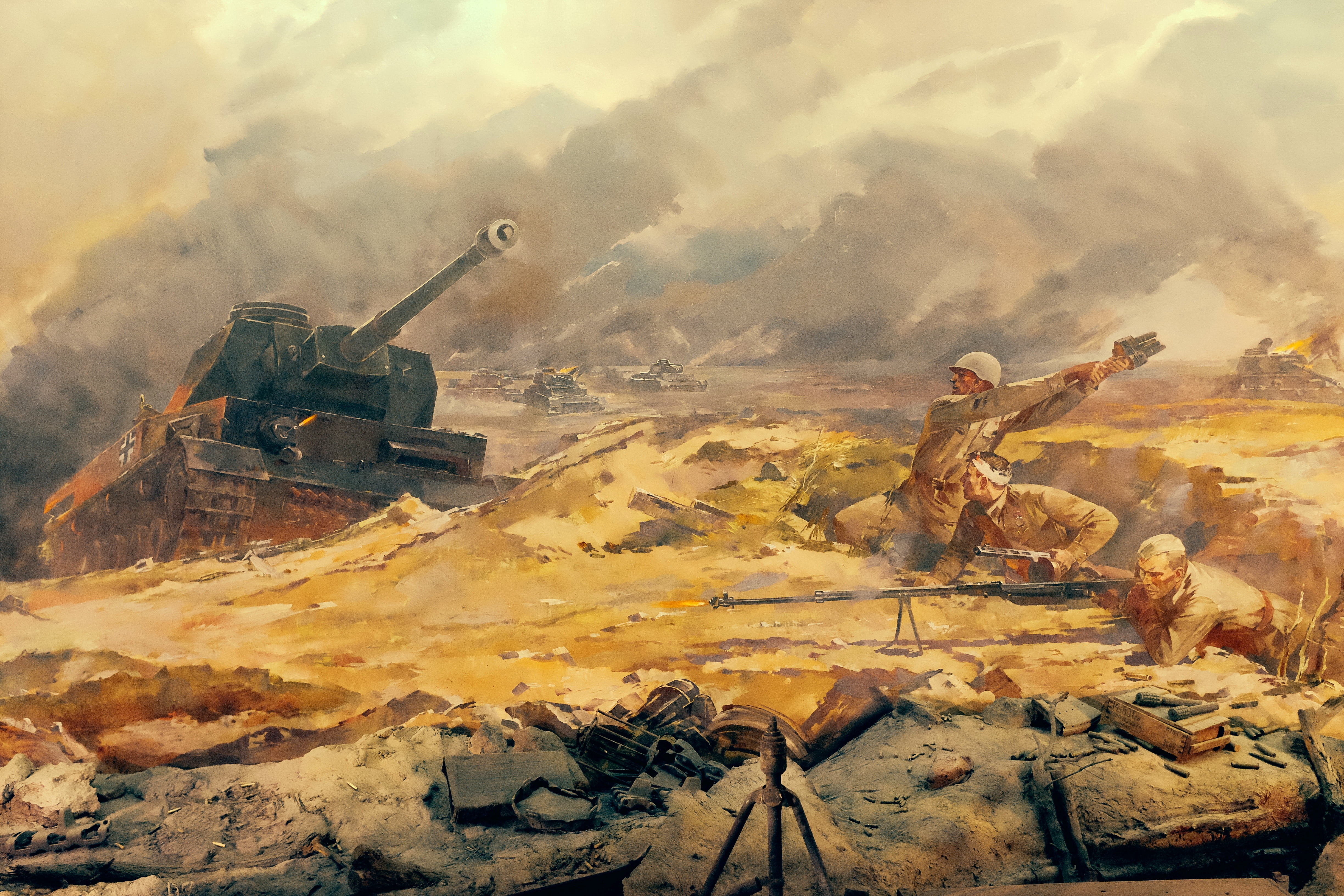 demolished, fragment, two, " Battle of Stalingrad", artillery, aggression, equipment, 4K, conflict, power, painting, infantry, transportation, cannon, HD Wallpaper