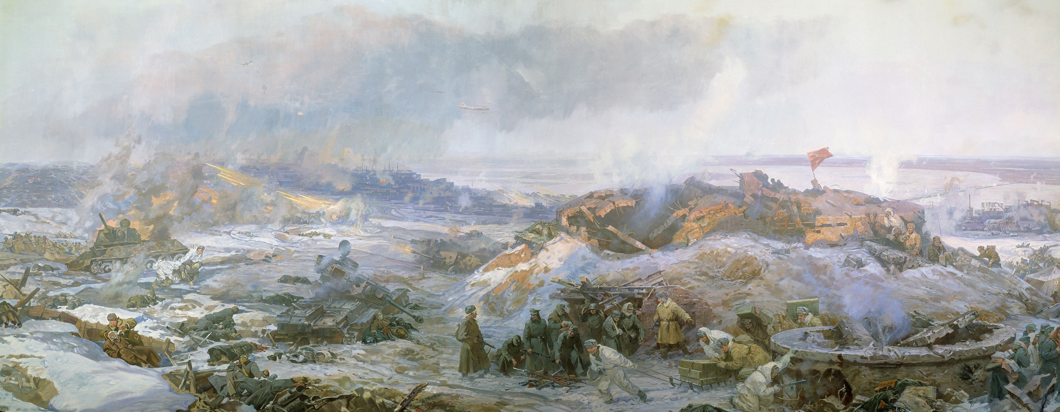 smoke, picture, fog, real people, nature, mystery, heat - temperature, ruins, scenics - nature, environment, winter, adult, brown, soldiers, The great Patriotic war, HD Wallpaper
