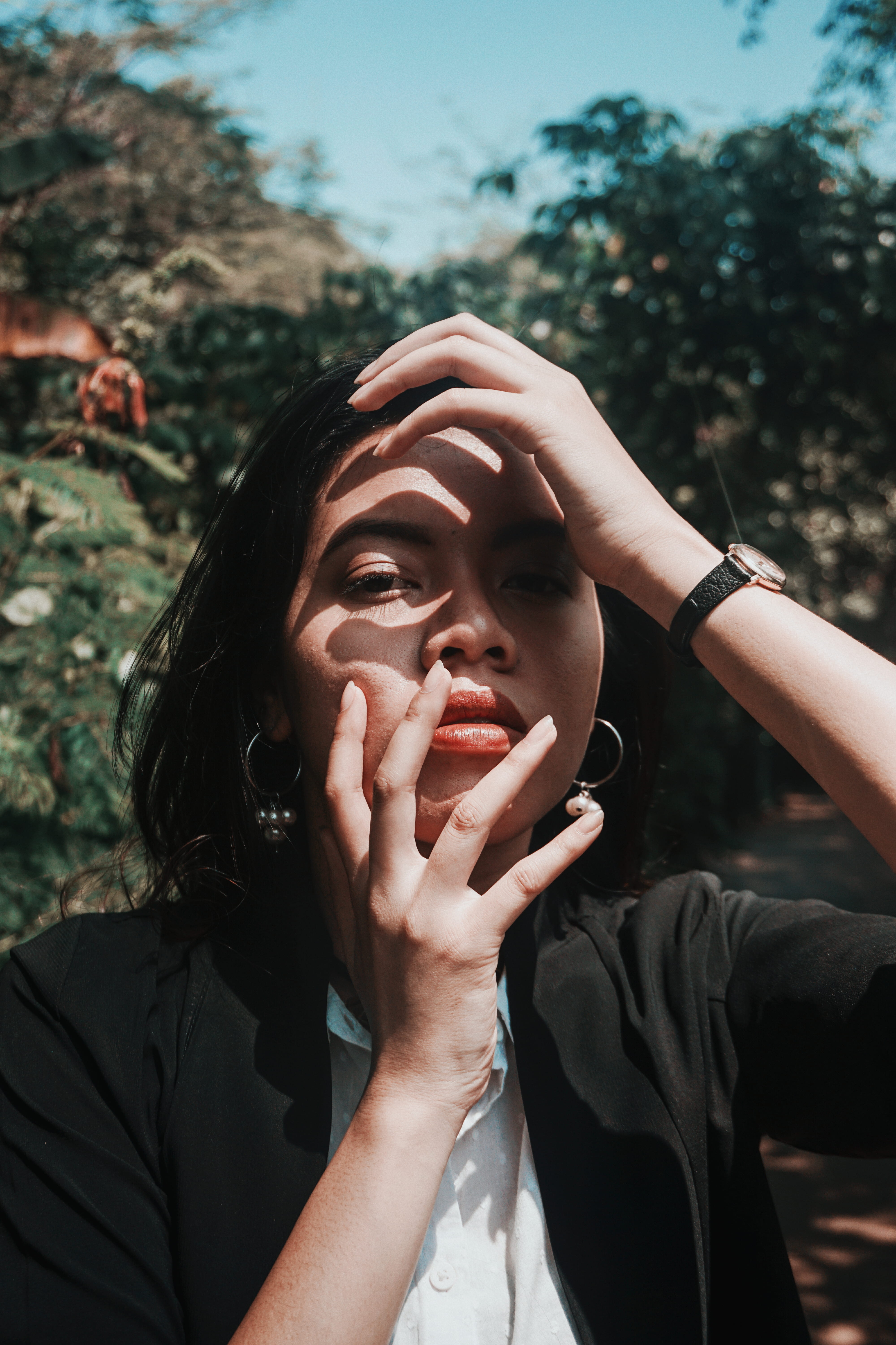 black, happiness, outdoors, women, suit, covering, pose, hairstyle, holding, hand, casual clothing, one person, sunlight, cardigan, emotion, photo, headshot, Phone HD Wallpaper